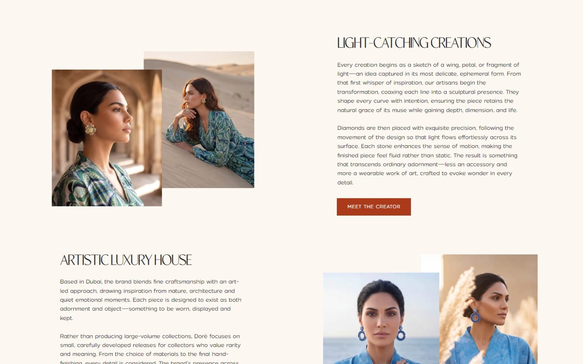 Shopify store for Doré, a Dubai fine-jewelry house, Story sections: Light-Catching Creations and Artistic Luxury House