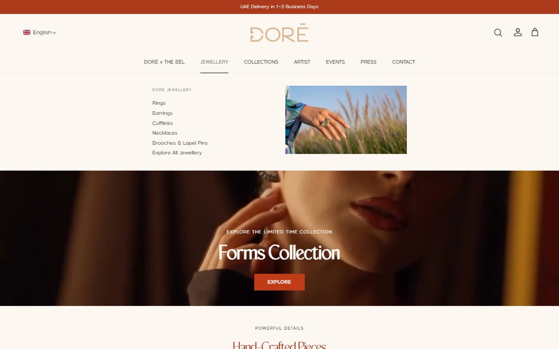 Shopify store for Doré, a Dubai fine-jewelry house, Mega menu: jewelry by type beside a campaign image