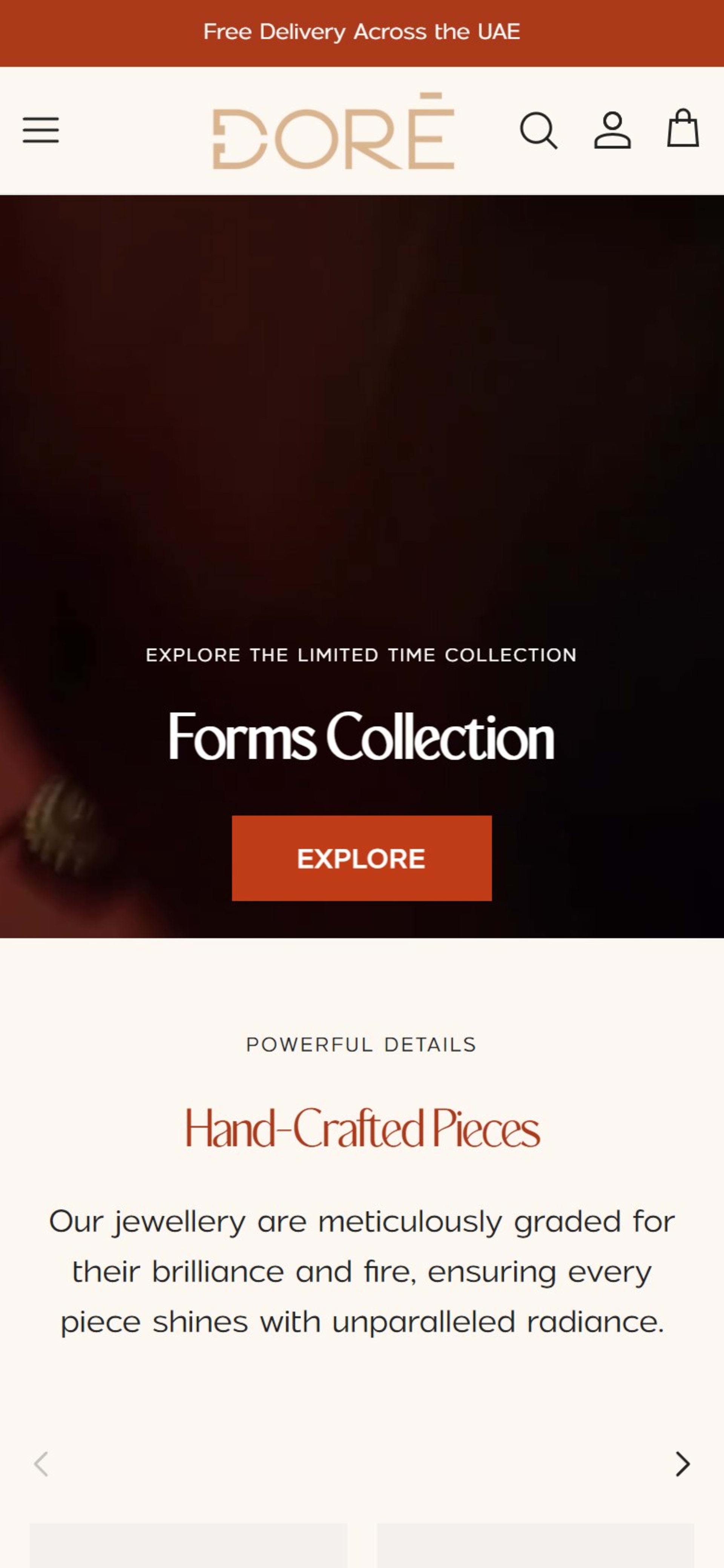 Shopify store for Doré, a Dubai fine-jewelry house, On a phone: the same film-led homepage