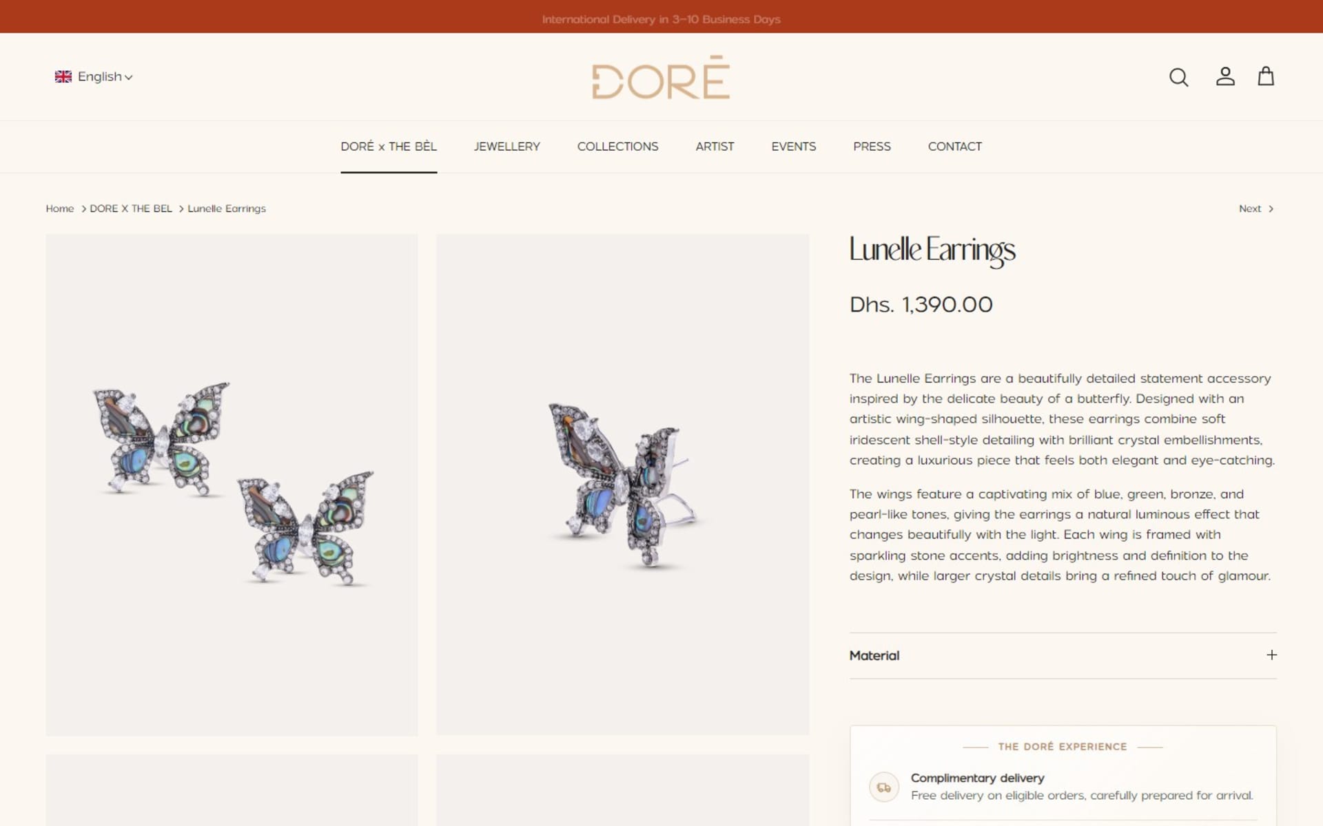 Shopify store for Doré, a Dubai fine-jewelry house, Product page: gallery, AED price and the Doré experience panel