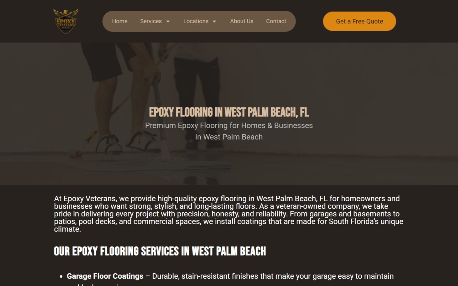 WordPress site for Epoxy Veterans, a West Palm Beach epoxy installer, City page: epoxy flooring in West Palm Beach, FL
