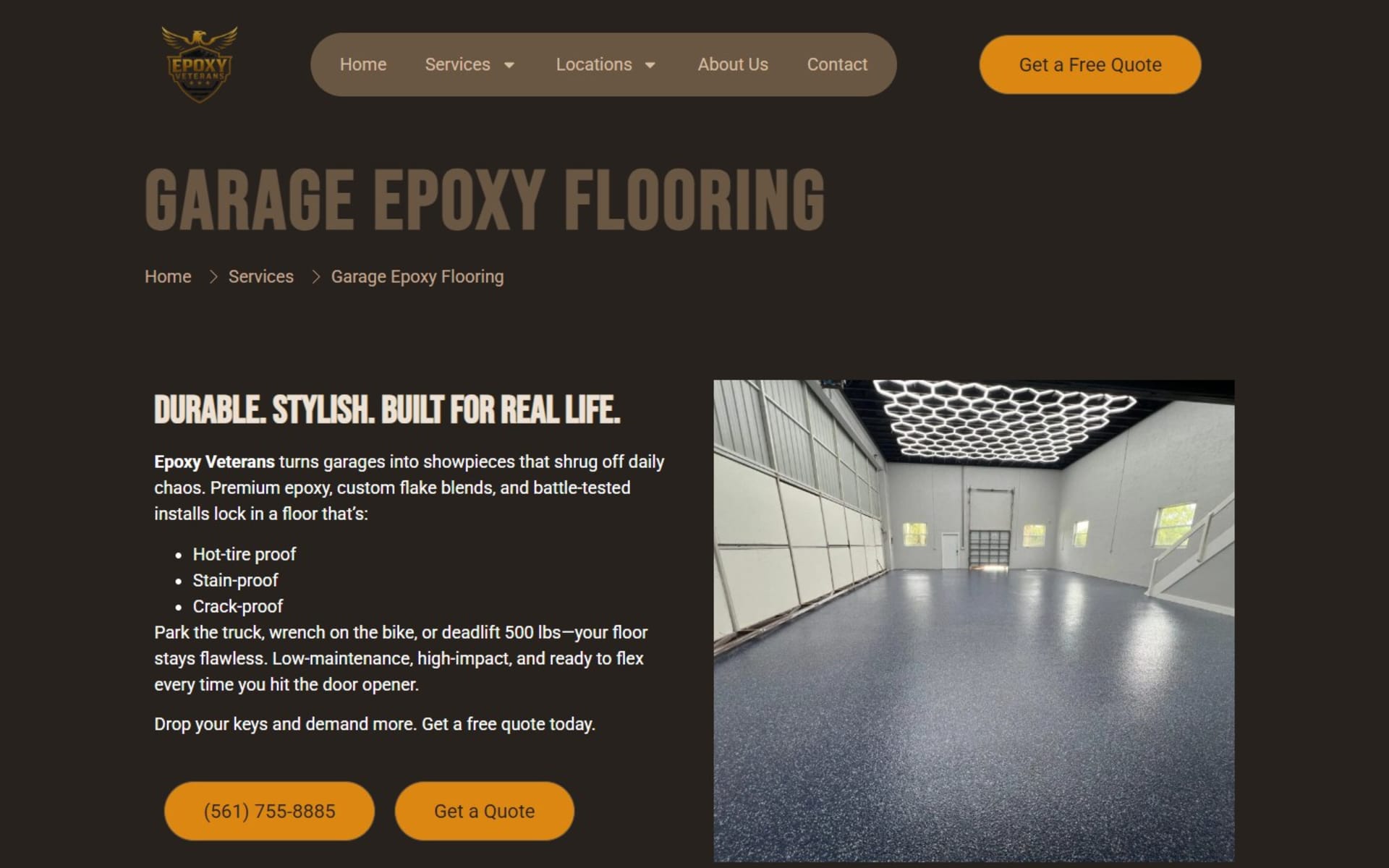 WordPress site for Epoxy Veterans, a West Palm Beach epoxy installer, Service page: garage epoxy flooring, with call and Get a Quote buttons