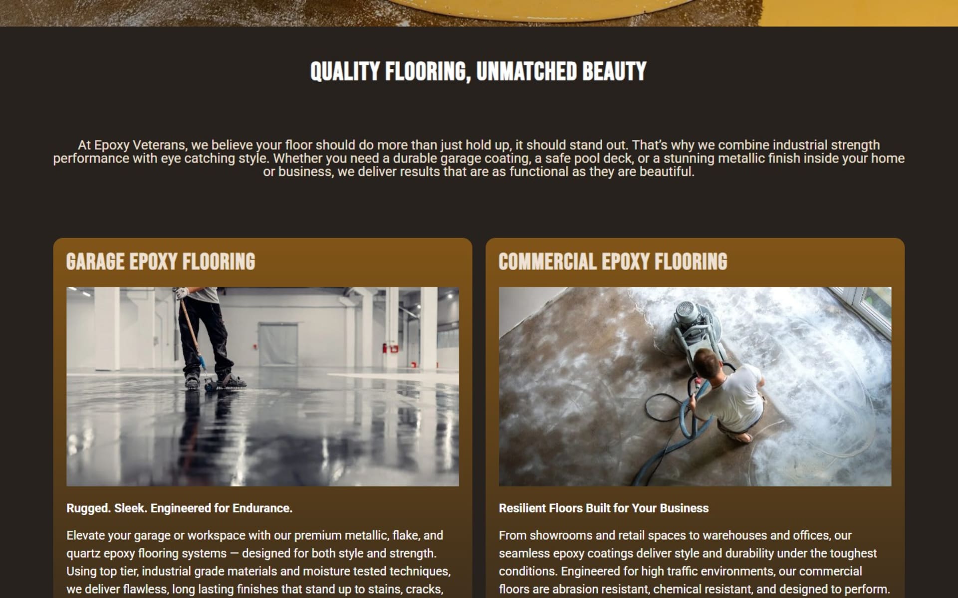 WordPress site for Epoxy Veterans, a West Palm Beach epoxy installer, Homepage service cards: garage and commercial epoxy flooring