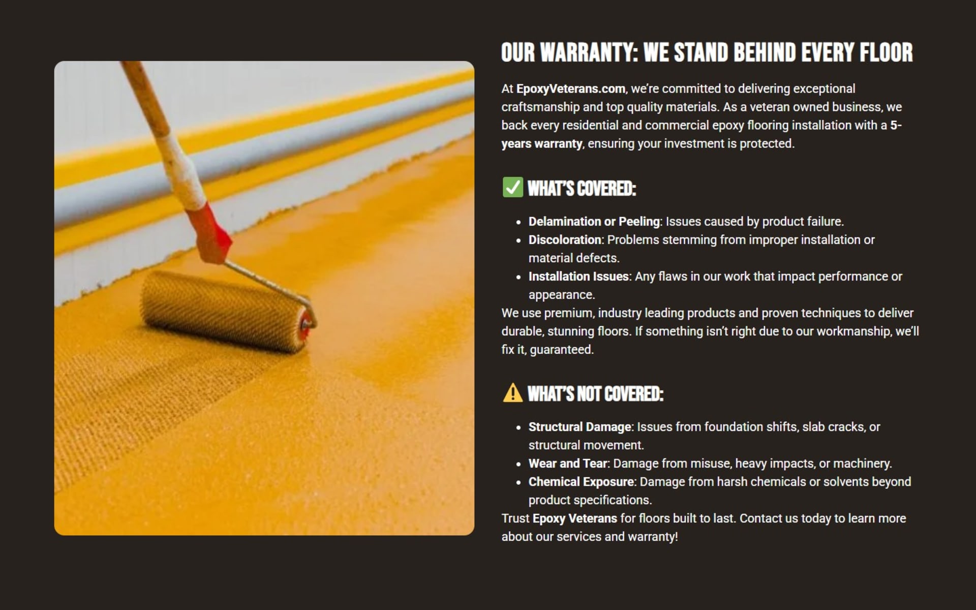 WordPress site for Epoxy Veterans, a West Palm Beach epoxy installer, Warranty section: what the five-year warranty covers and what it does not