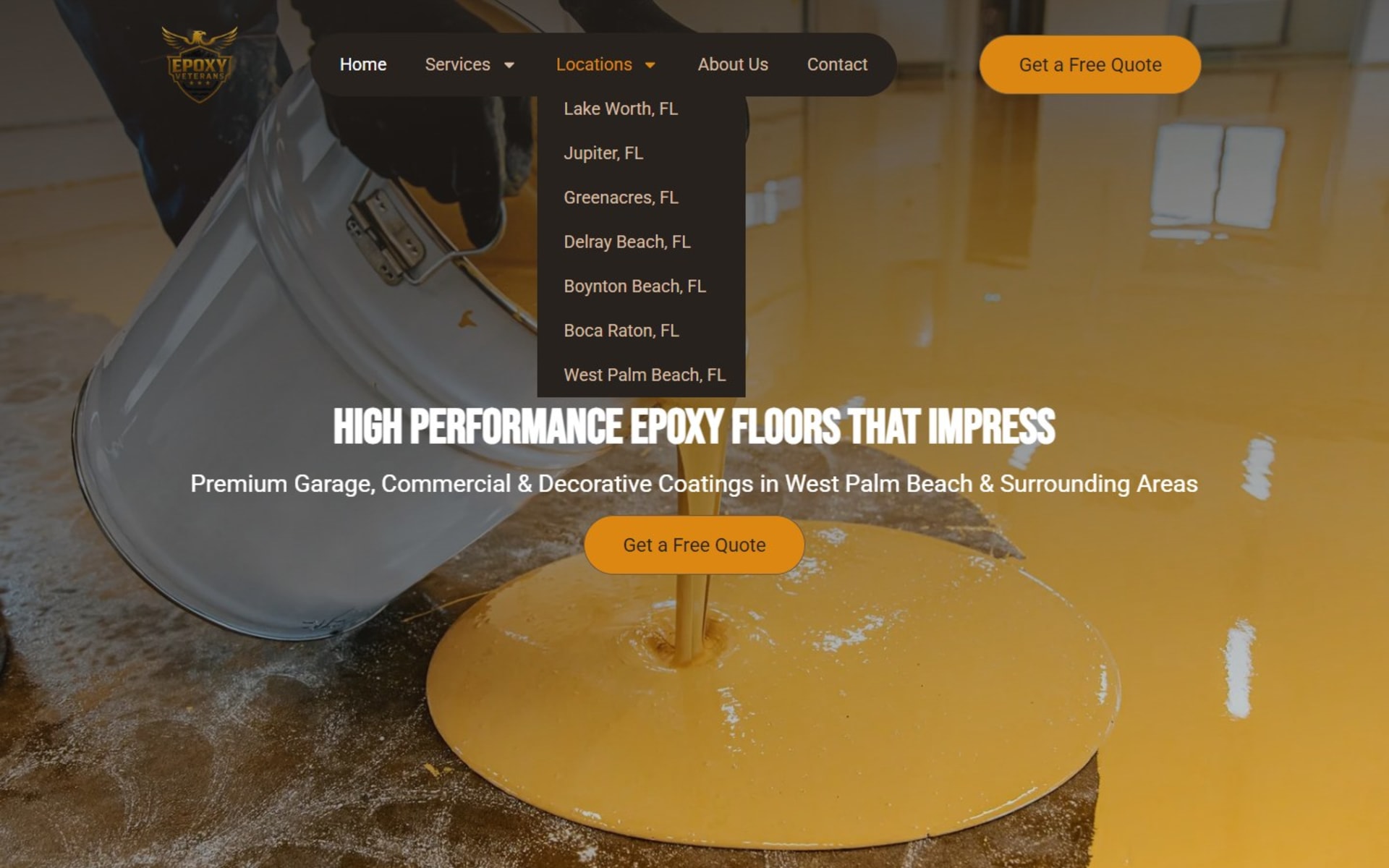 WordPress site for Epoxy Veterans, a West Palm Beach epoxy installer, Locations menu: seven city pages, from Lake Worth to West Palm Beach