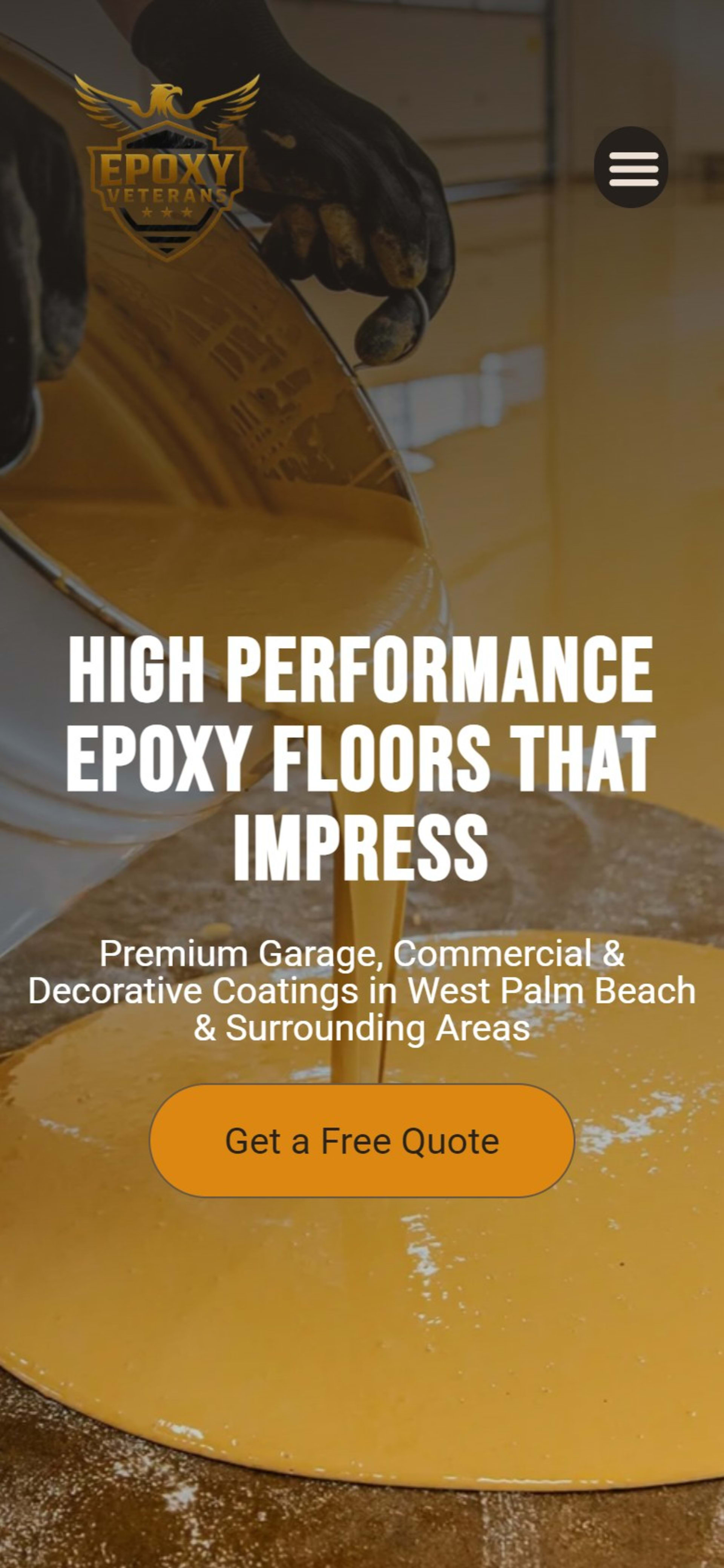 WordPress site for Epoxy Veterans, a West Palm Beach epoxy installer, On a phone: logo, menu button and the hero headline over the slideshow
