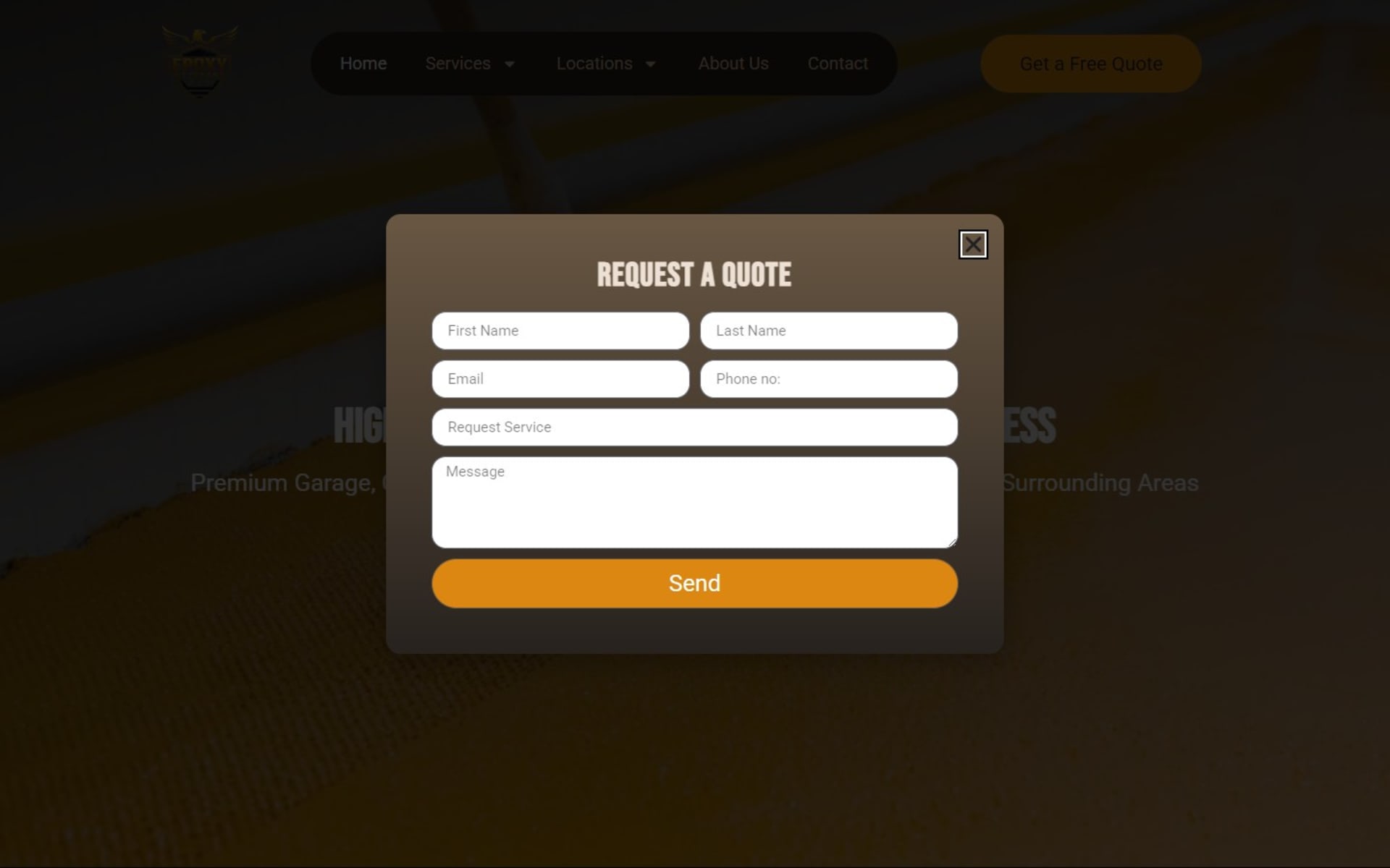WordPress site for Epoxy Veterans, a West Palm Beach epoxy installer, Request a Quote pop-up: name, email, phone, service and message