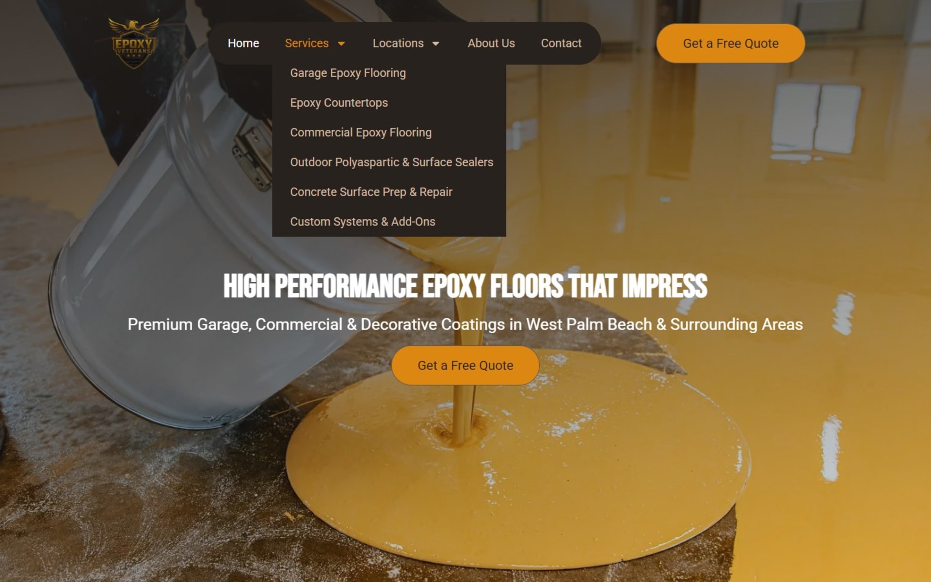 WordPress site for Epoxy Veterans, a West Palm Beach epoxy installer, Services menu: six pages, from garage epoxy flooring to custom systems and add-ons