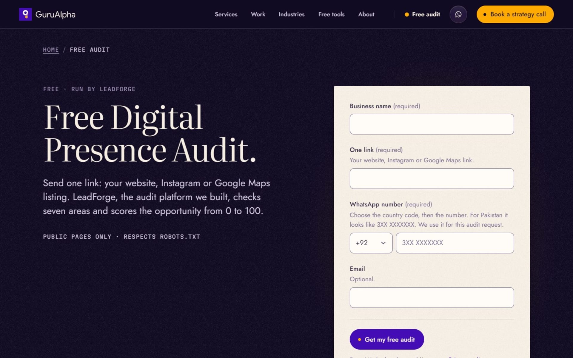 Website for GuruAlpha, a digital agency for Pakistan and the Gulf, Free audit form: a business name, one link and a WhatsApp number