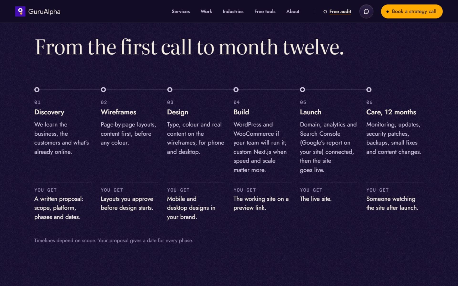 Website for GuruAlpha, a digital agency for Pakistan and the Gulf, Six-step process, from discovery to a 12-month care plan