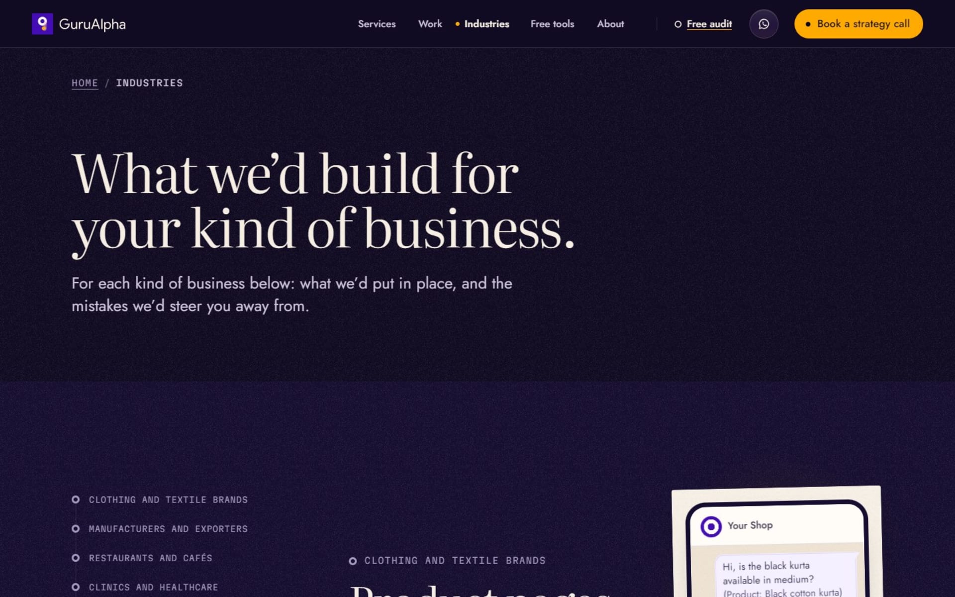 Website for GuruAlpha, a digital agency for Pakistan and the Gulf, Industries: what the agency would build for each kind of business