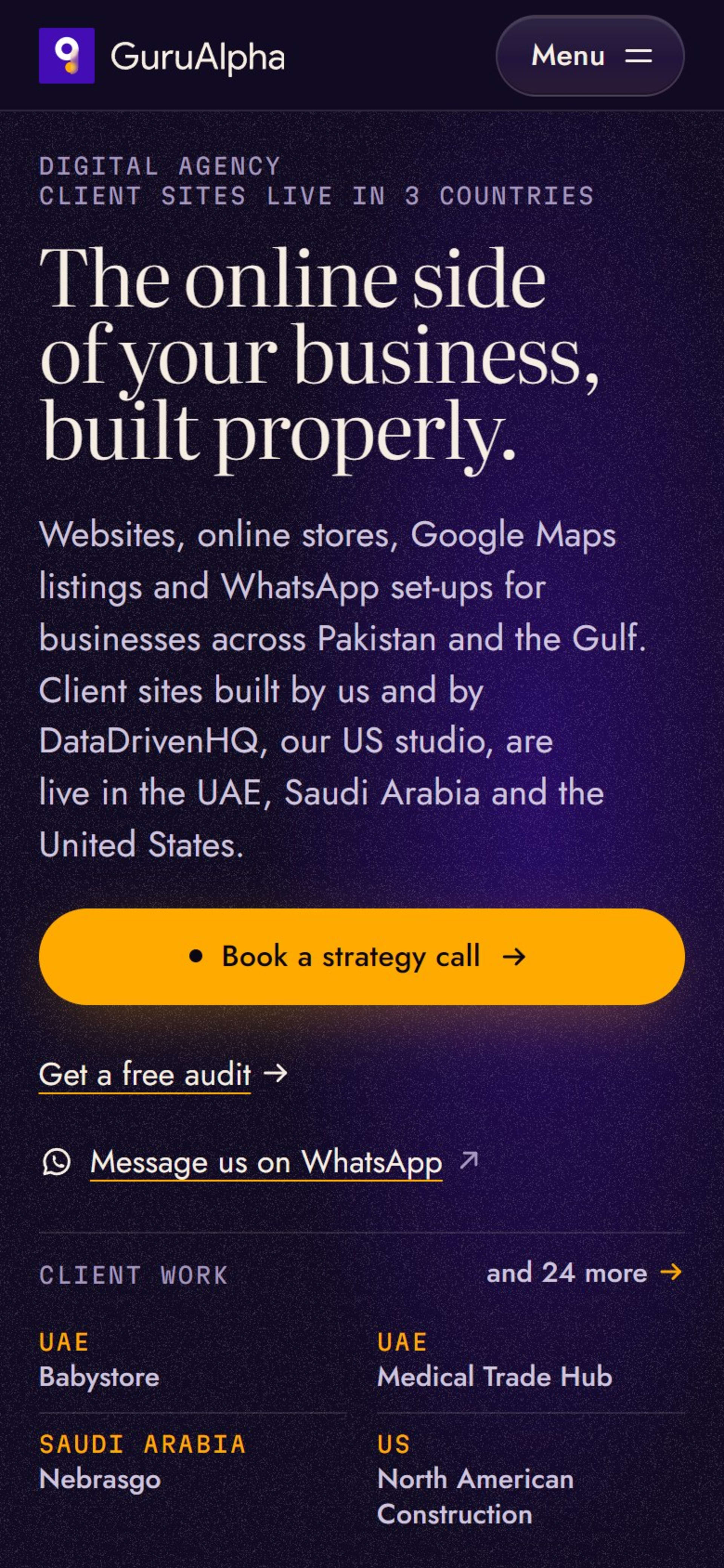Website for GuruAlpha, a digital agency for Pakistan and the Gulf, On a phone: the same homepage with a full-width call to action