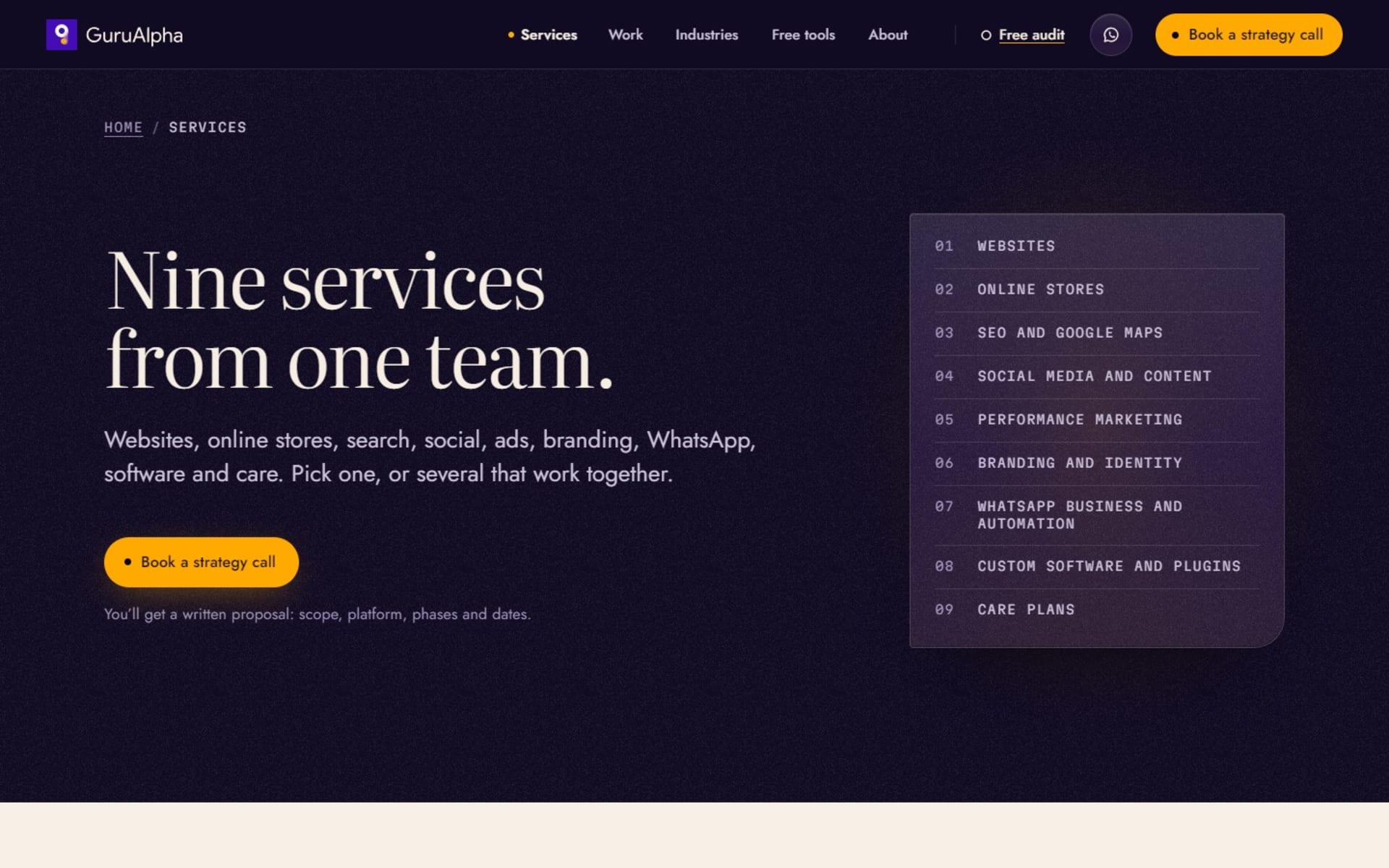Website for GuruAlpha, a digital agency for Pakistan and the Gulf, Services: nine services set out as an index