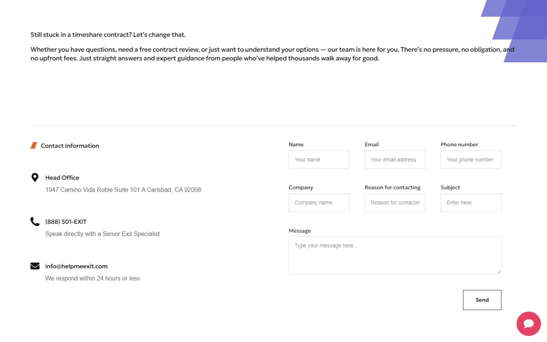 WordPress website for HelpMeExit, a timeshare exit company, Contact page: head office, phone and email beside a seven-field contact form
