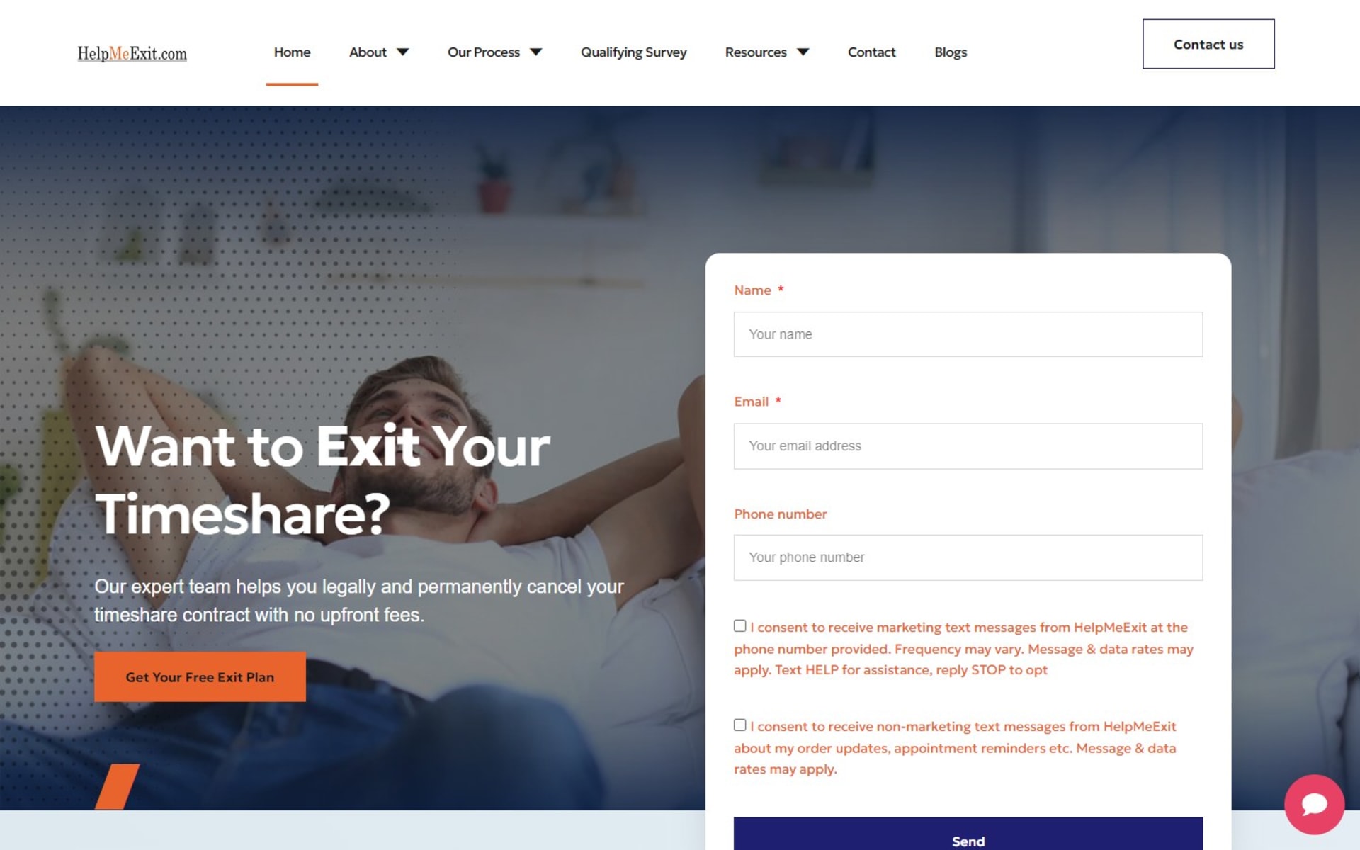 WordPress website for HelpMeExit, a timeshare exit company, Homepage: the headline beside a lead form with name, email, phone and text message opt-ins