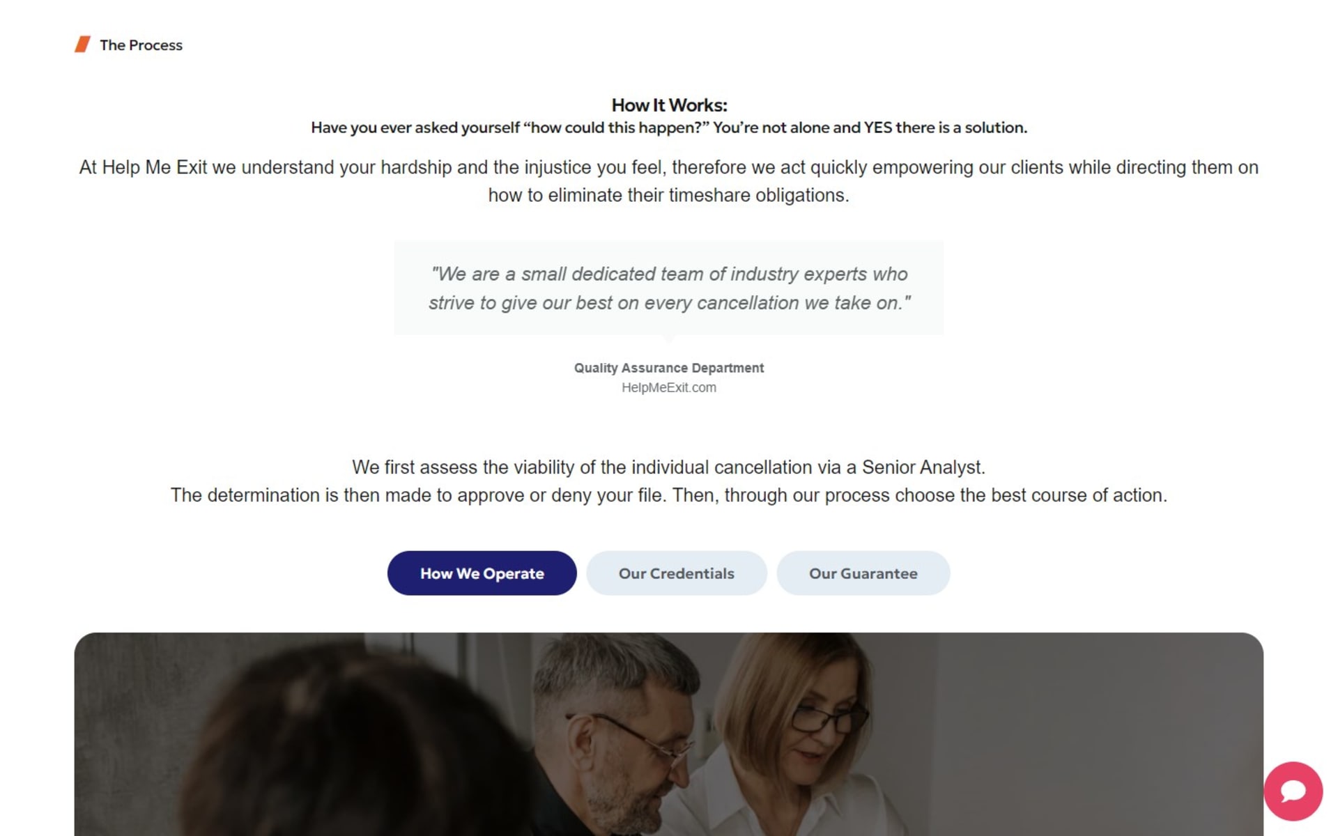 WordPress website for HelpMeExit, a timeshare exit company, How It Works section: tabs for how the team operates, its credentials and its guarantee