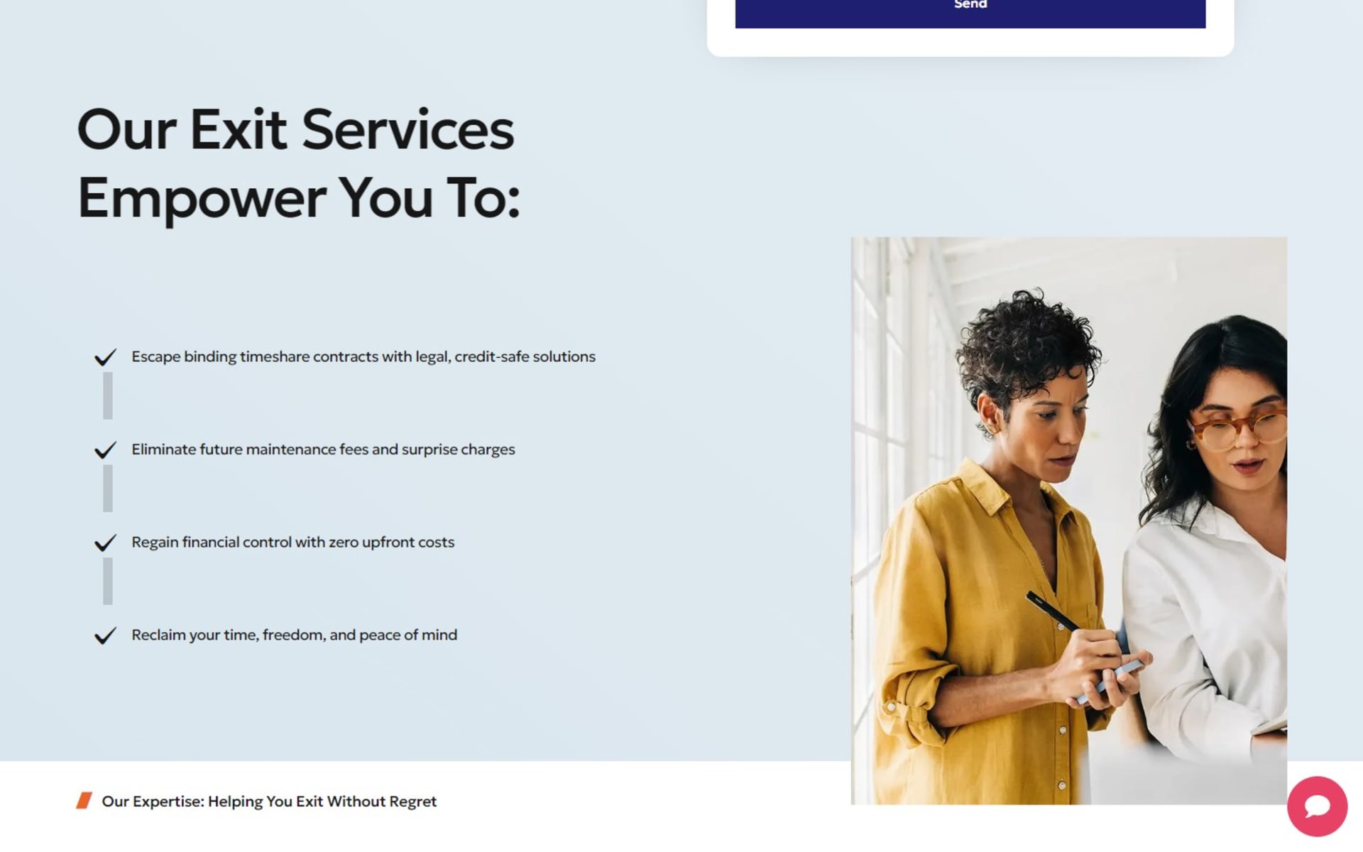 WordPress website for HelpMeExit, a timeshare exit company, Homepage: the four things the exit service sets out to do, in a checklist beside a photo