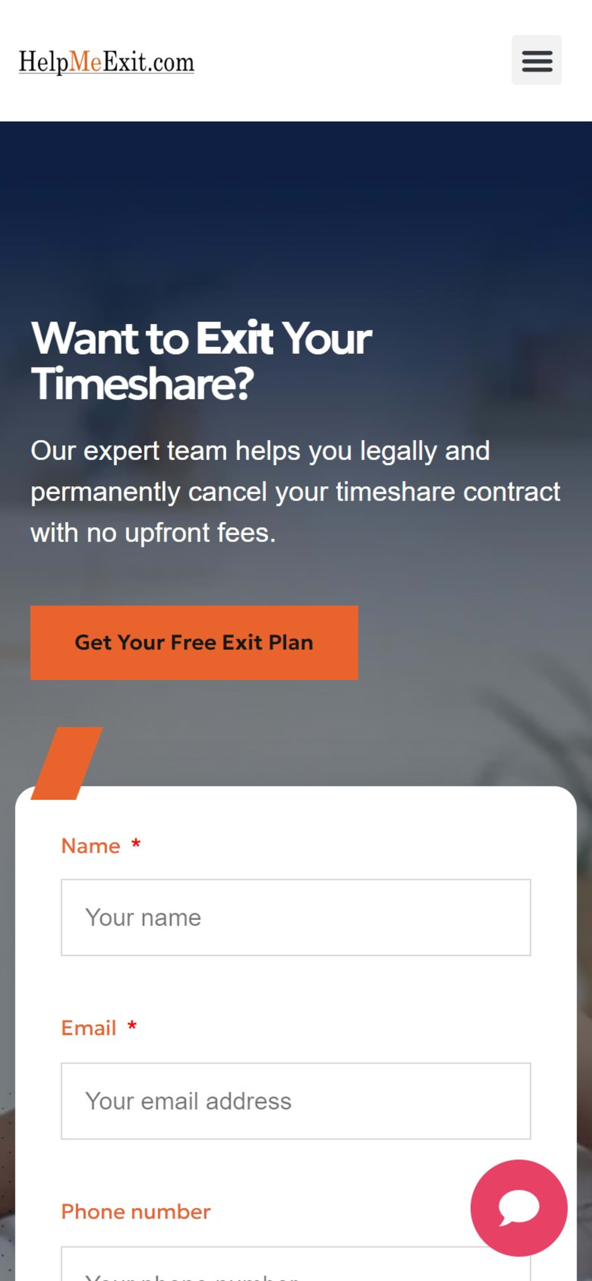 WordPress website for HelpMeExit, a timeshare exit company, On a phone: the headline and Get Your Free Exit Plan button, with the lead form stacked below