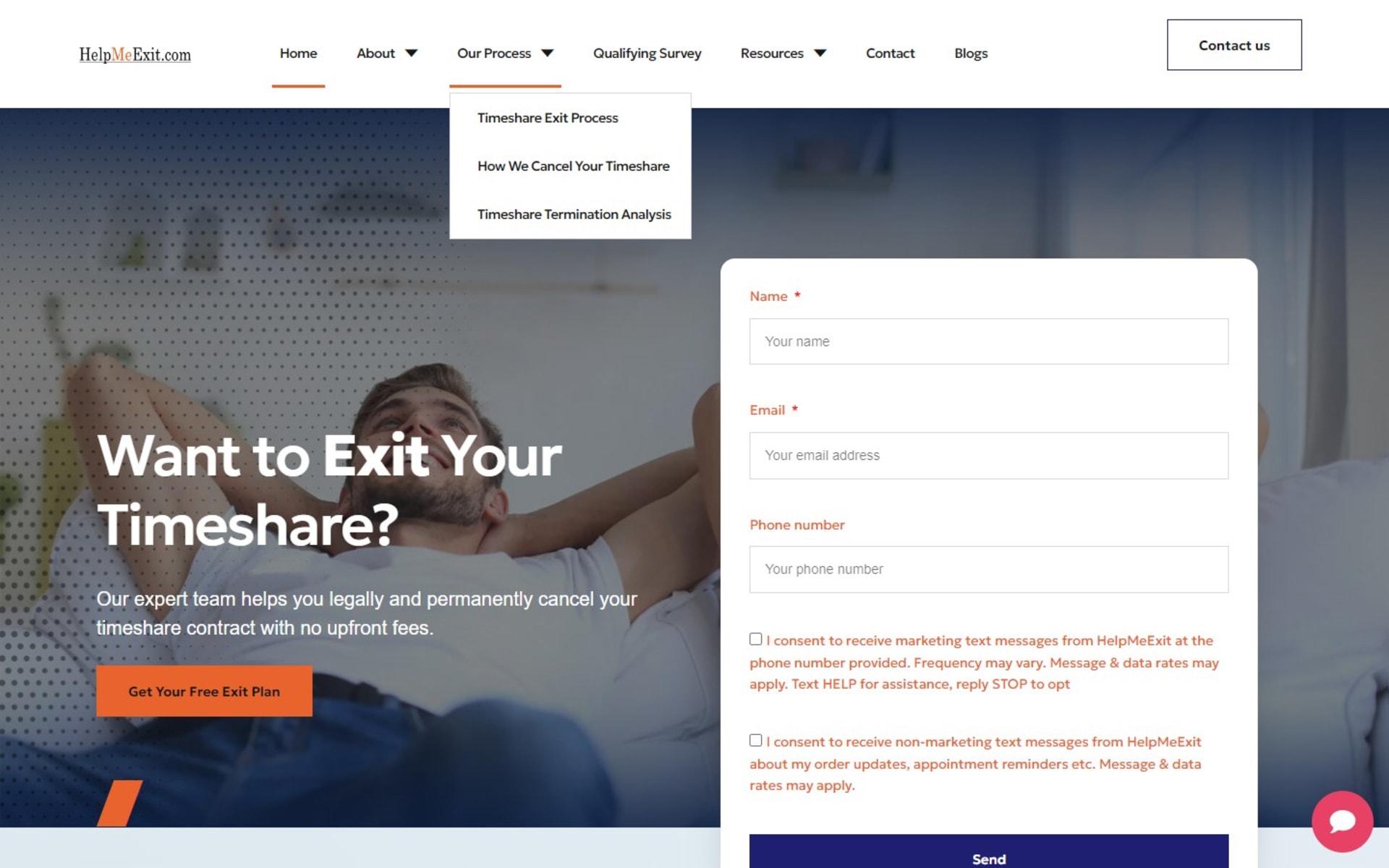 WordPress website for HelpMeExit, a timeshare exit company, Our Process menu: the exit process, how cancellation works and a termination analysis