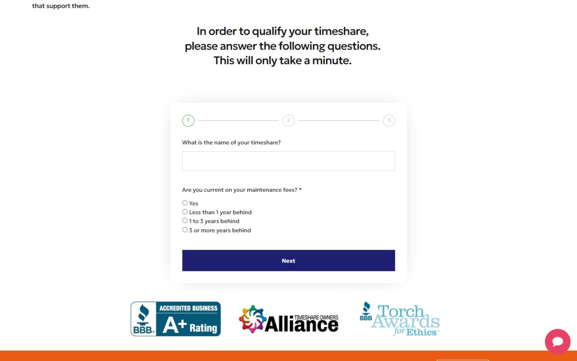 WordPress website for HelpMeExit, a timeshare exit company, Qualifying survey: step one of three asks for the timeshare name and how current the fees are