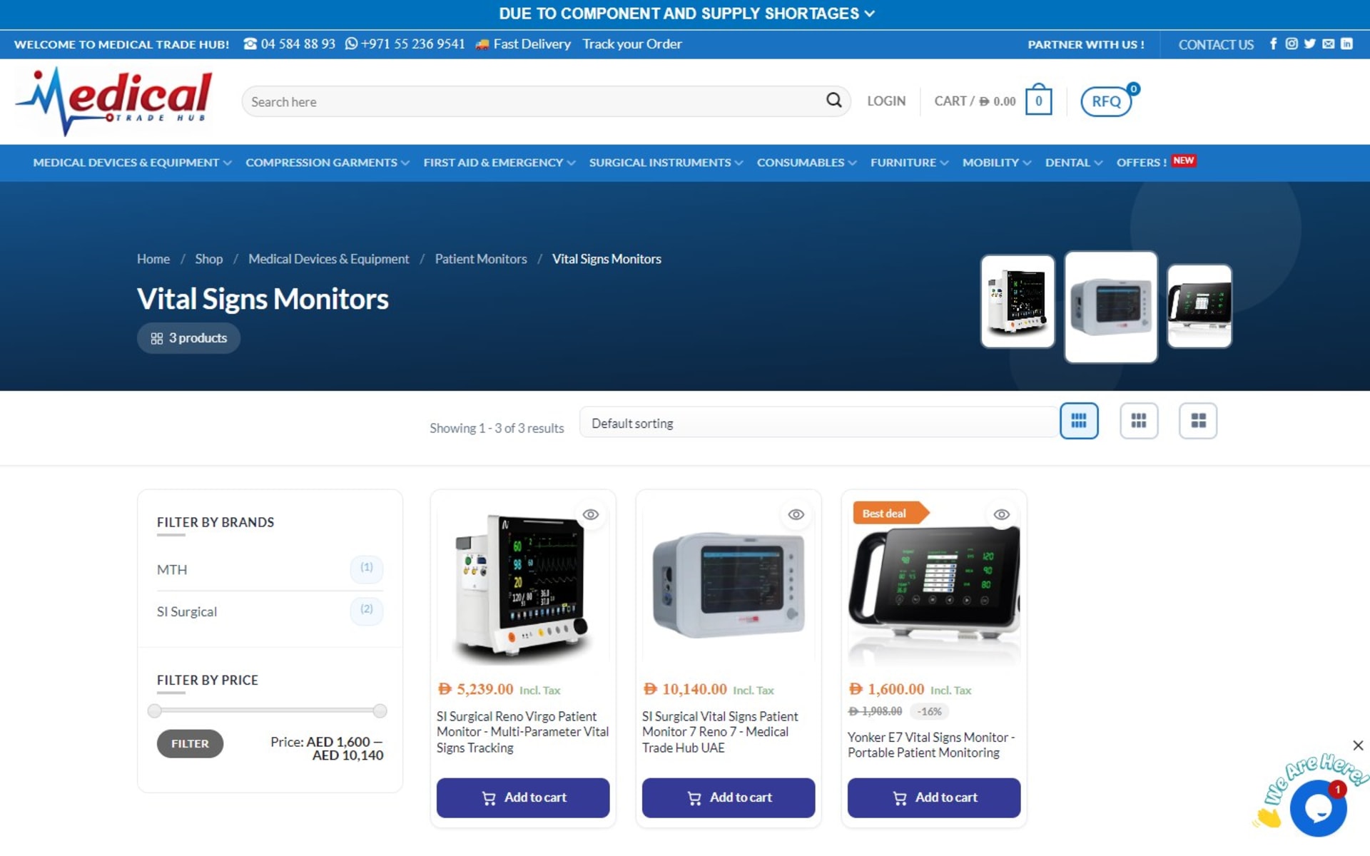 WooCommerce store and quote desk for Medical Trade Hub, Dubai, Category page: Vital Signs Monitors, with brand and price filters
