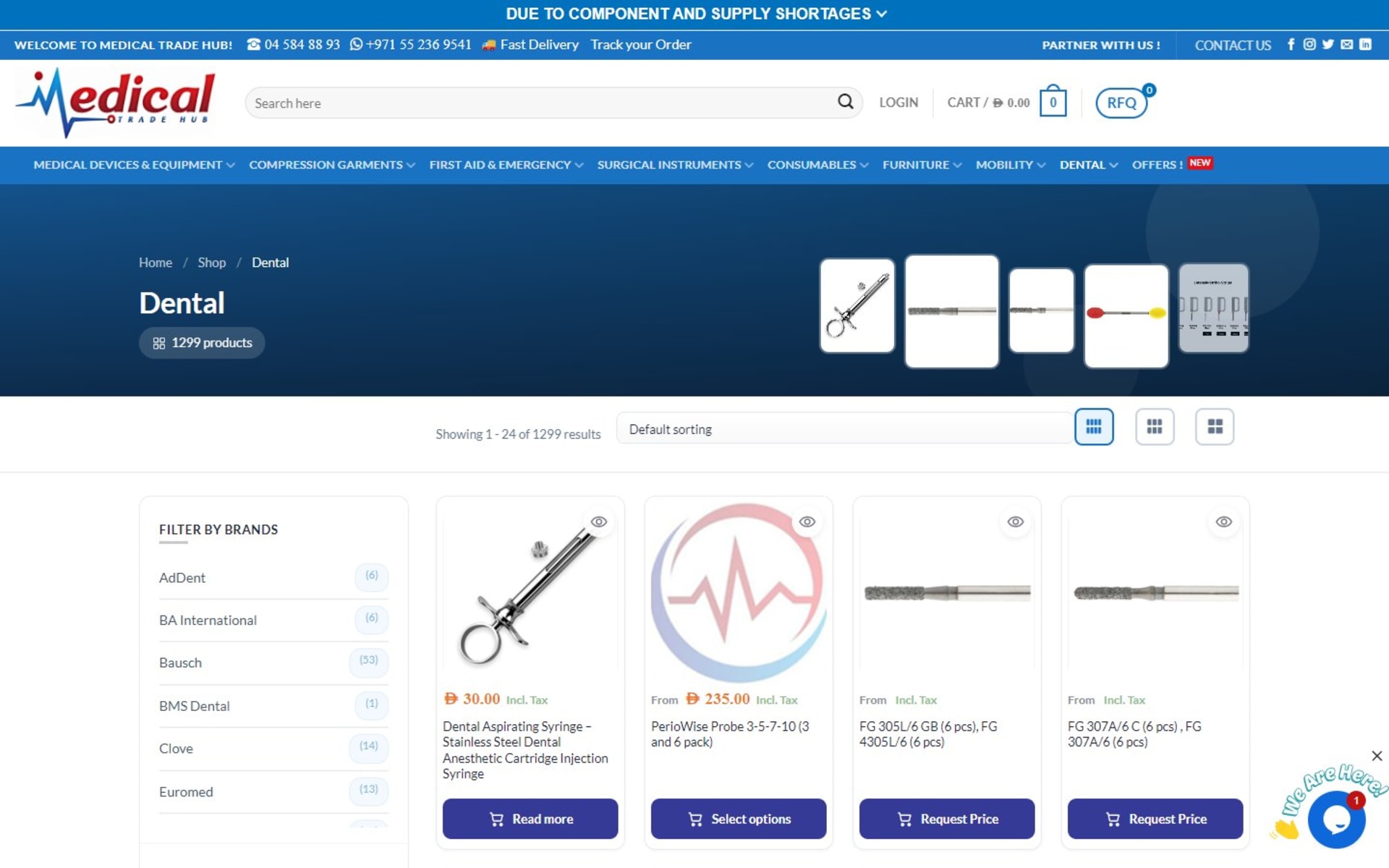 WooCommerce store and quote desk for Medical Trade Hub, Dubai, Dental: 1,299 products, with Request Price on quote-only items