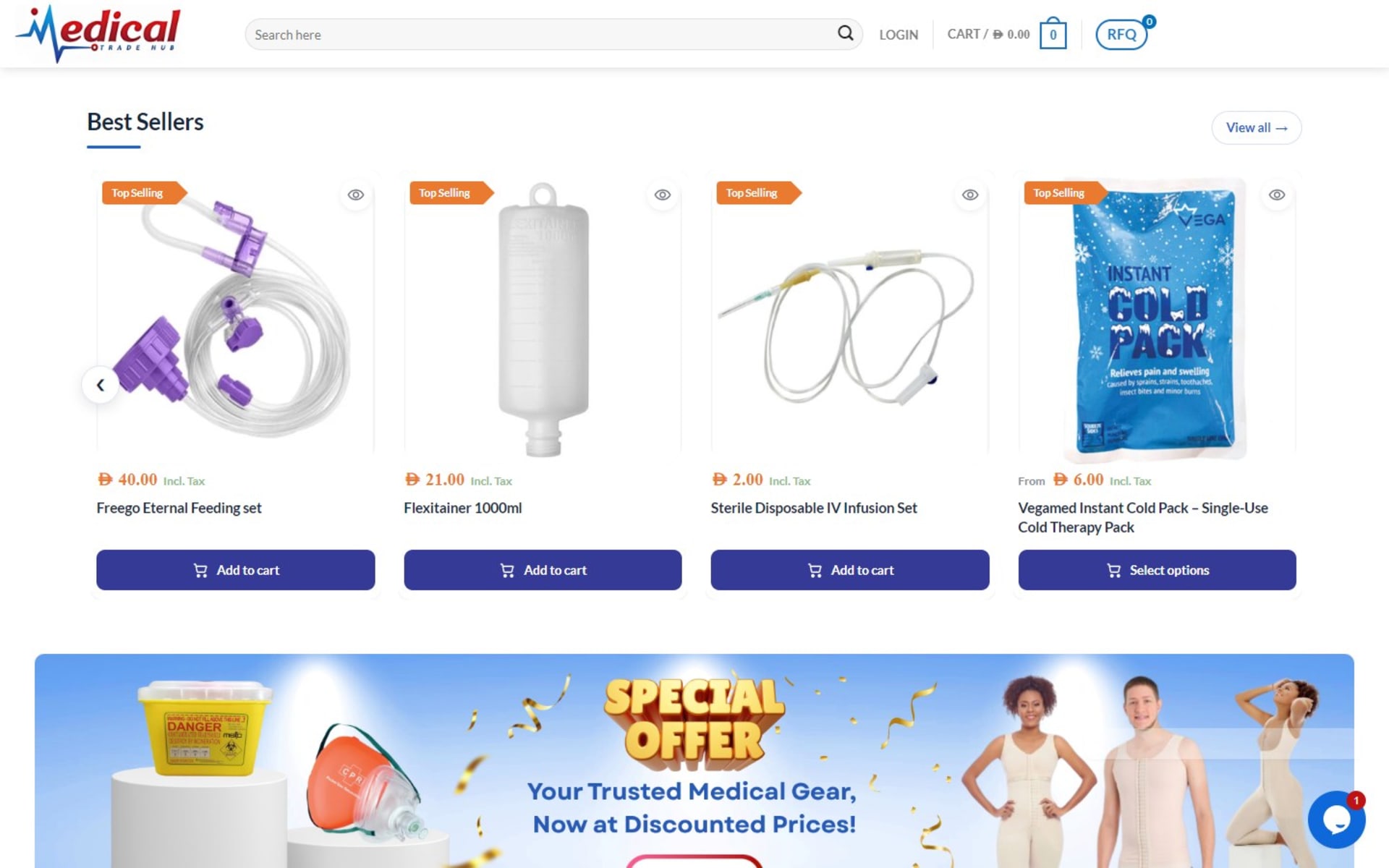 WooCommerce store and quote desk for Medical Trade Hub, Dubai, Best Sellers carousel with tax-inclusive dirham prices