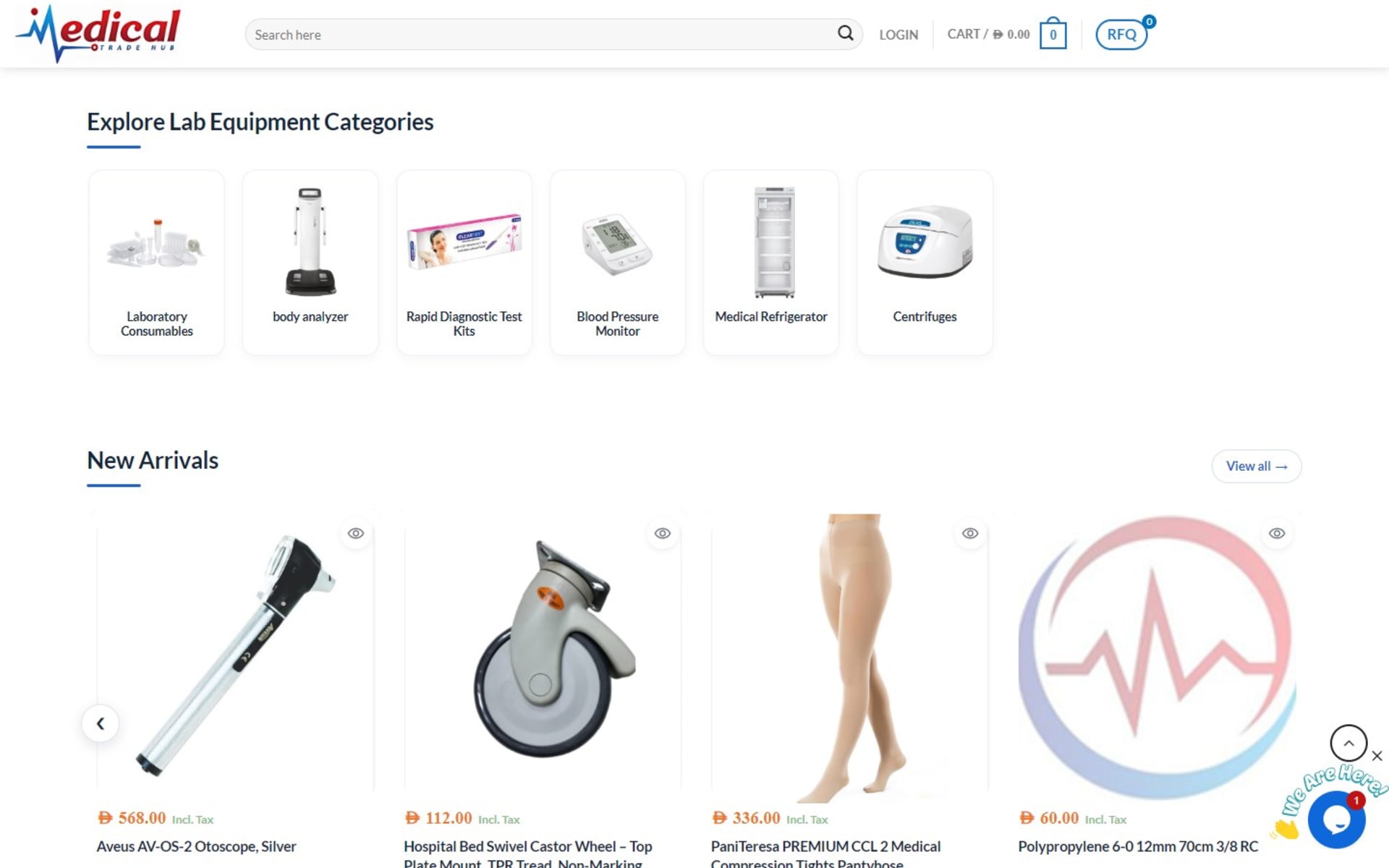 WooCommerce store and quote desk for Medical Trade Hub, Dubai, Lab equipment categories and the New Arrivals carousel
