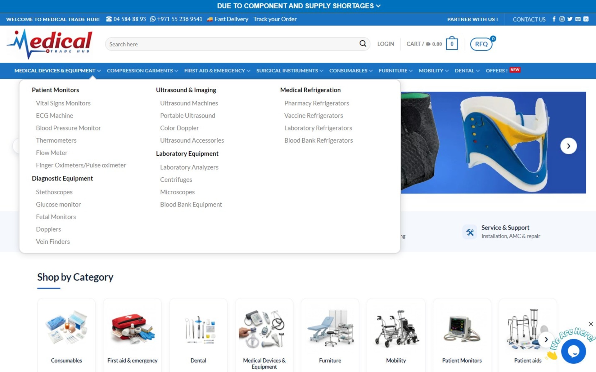 WooCommerce store and quote desk for Medical Trade Hub, Dubai, Mega menu: Medical Devices & Equipment, from patient monitors to refrigeration