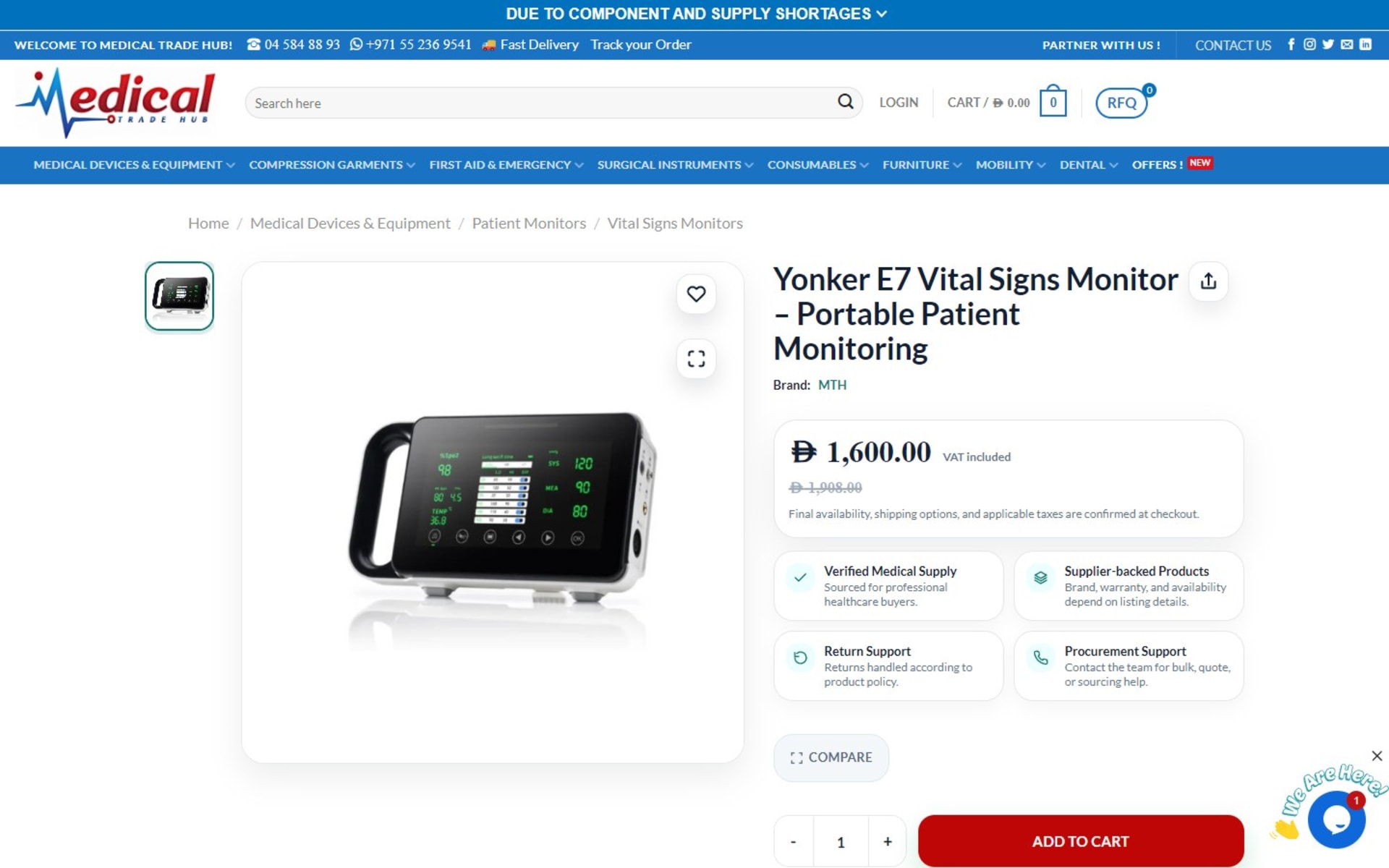 WooCommerce store and quote desk for Medical Trade Hub, Dubai, Product page: VAT-inclusive price, trust panel, Compare and Add to cart