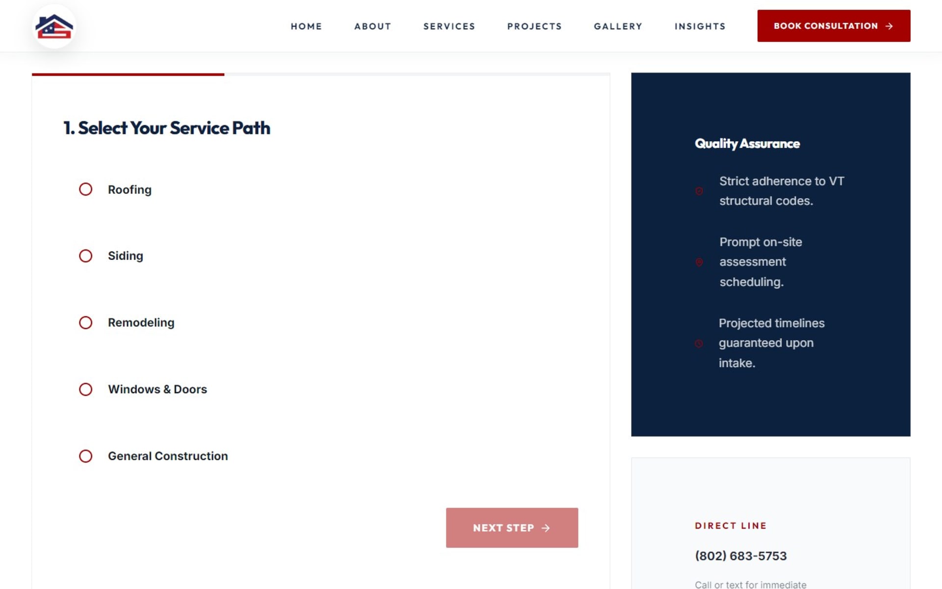Custom Next.js site for North American Construction, Rutland, Vermont, Free estimate request, step one: choose a service path
