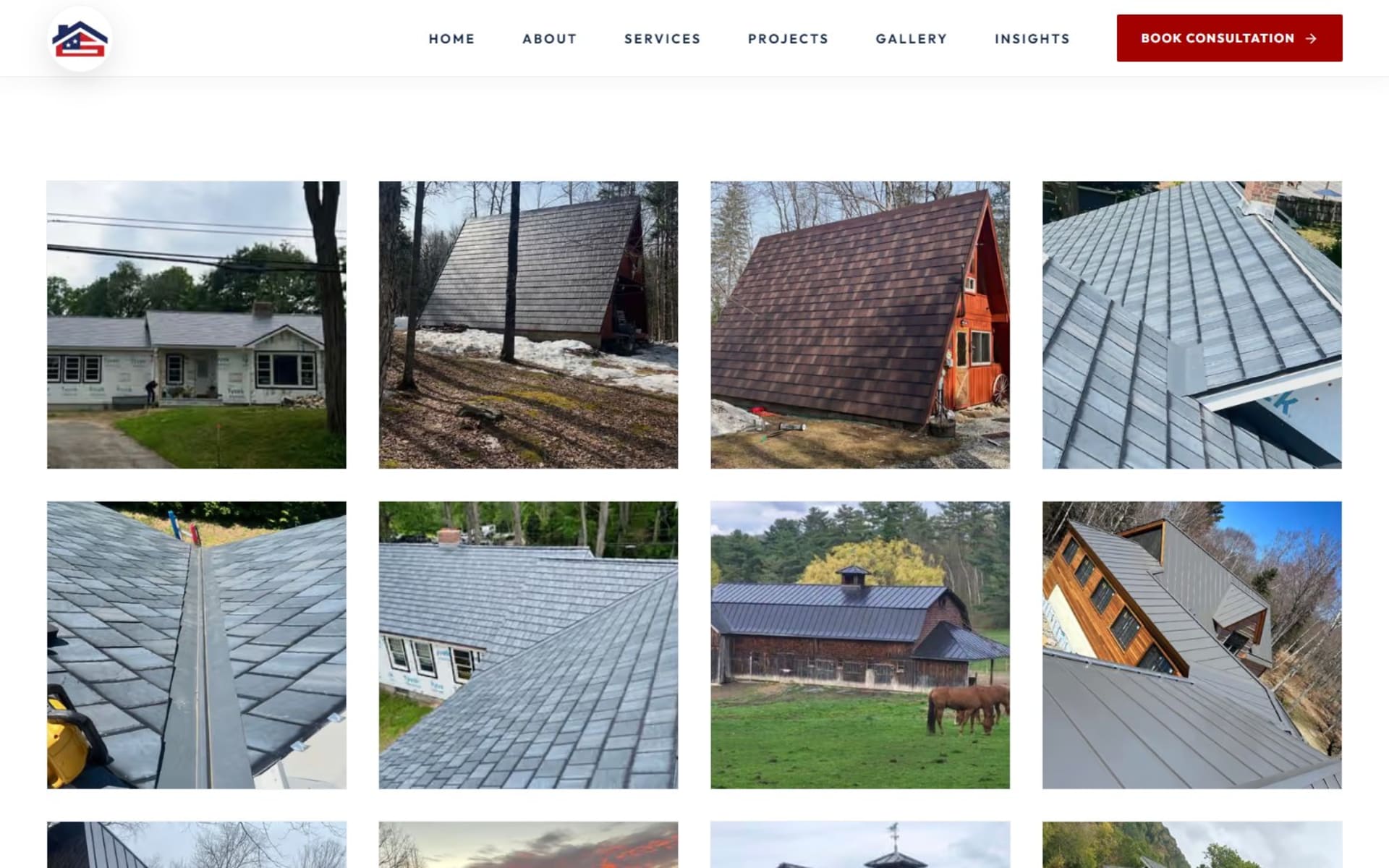 Custom Next.js site for North American Construction, Rutland, Vermont, Gallery: a grid of roofing and exterior project photos