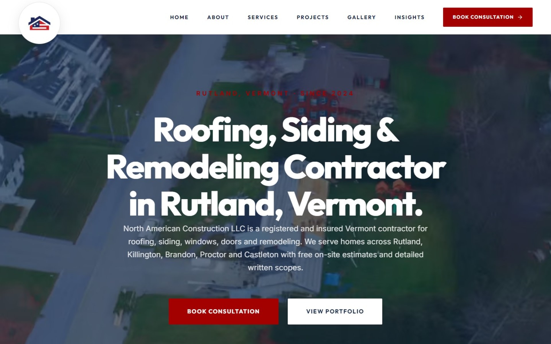 Custom Next.js site for North American Construction, Rutland, Vermont, Homepage: an aerial video behind the headline, with Book Consultation and View Portfolio buttons