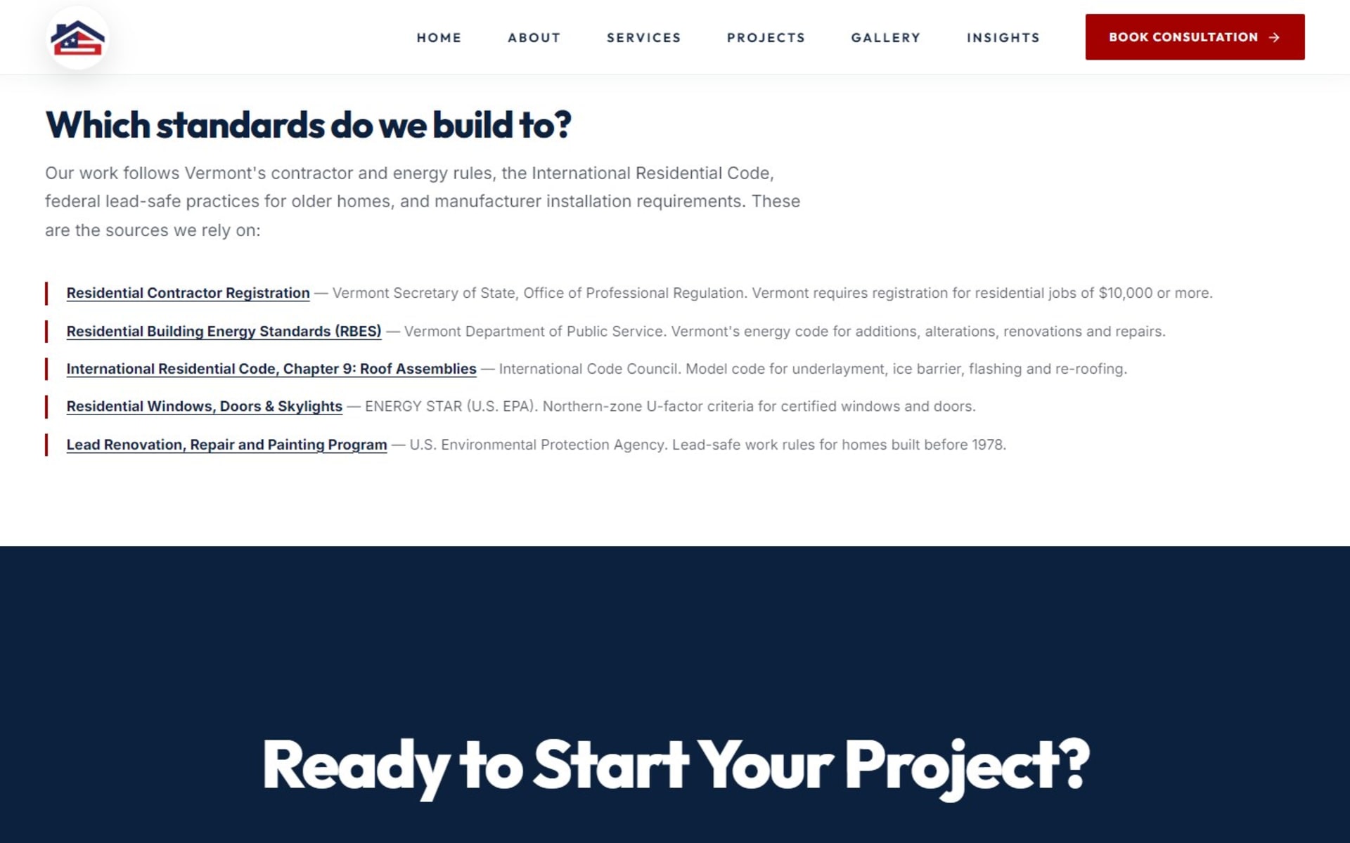 Custom Next.js site for North American Construction, Rutland, Vermont, Homepage sources section: the state, code and federal standards the work follows