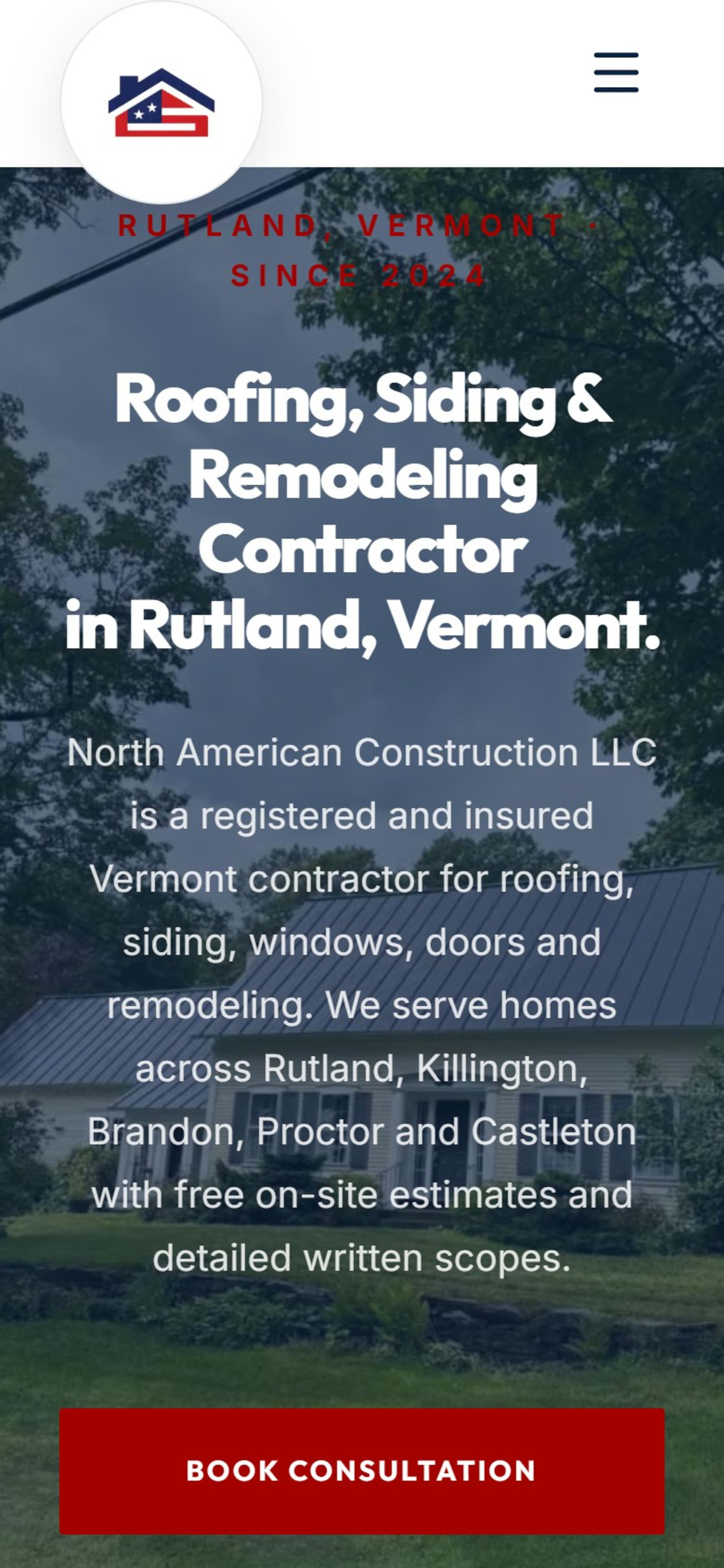 Custom Next.js site for North American Construction, Rutland, Vermont, On a phone: the hero headline over a project photo with a full-width Book Consultation button