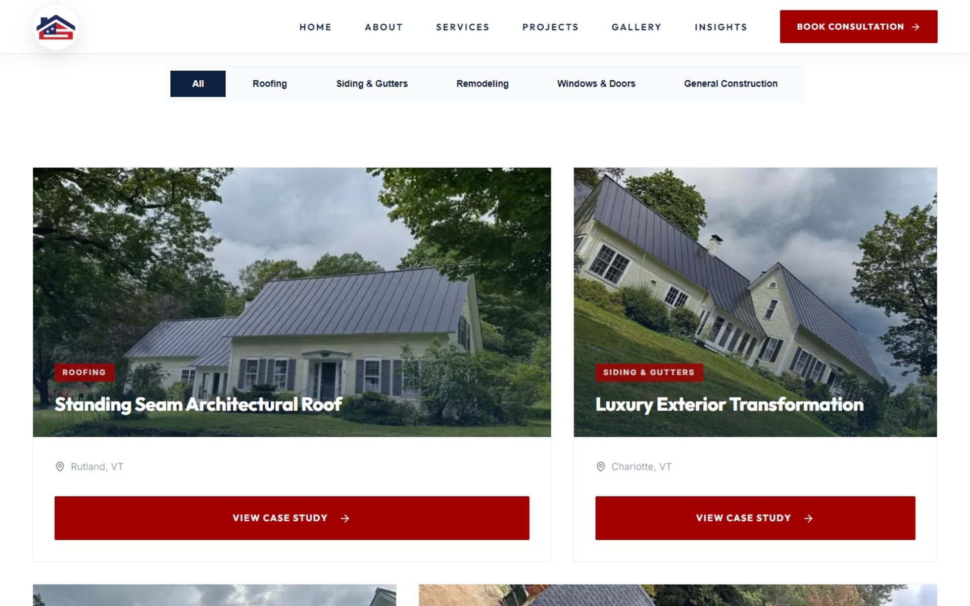 Custom Next.js site for North American Construction, Rutland, Vermont, Projects page: case studies filtered by trade, each tagged with its town