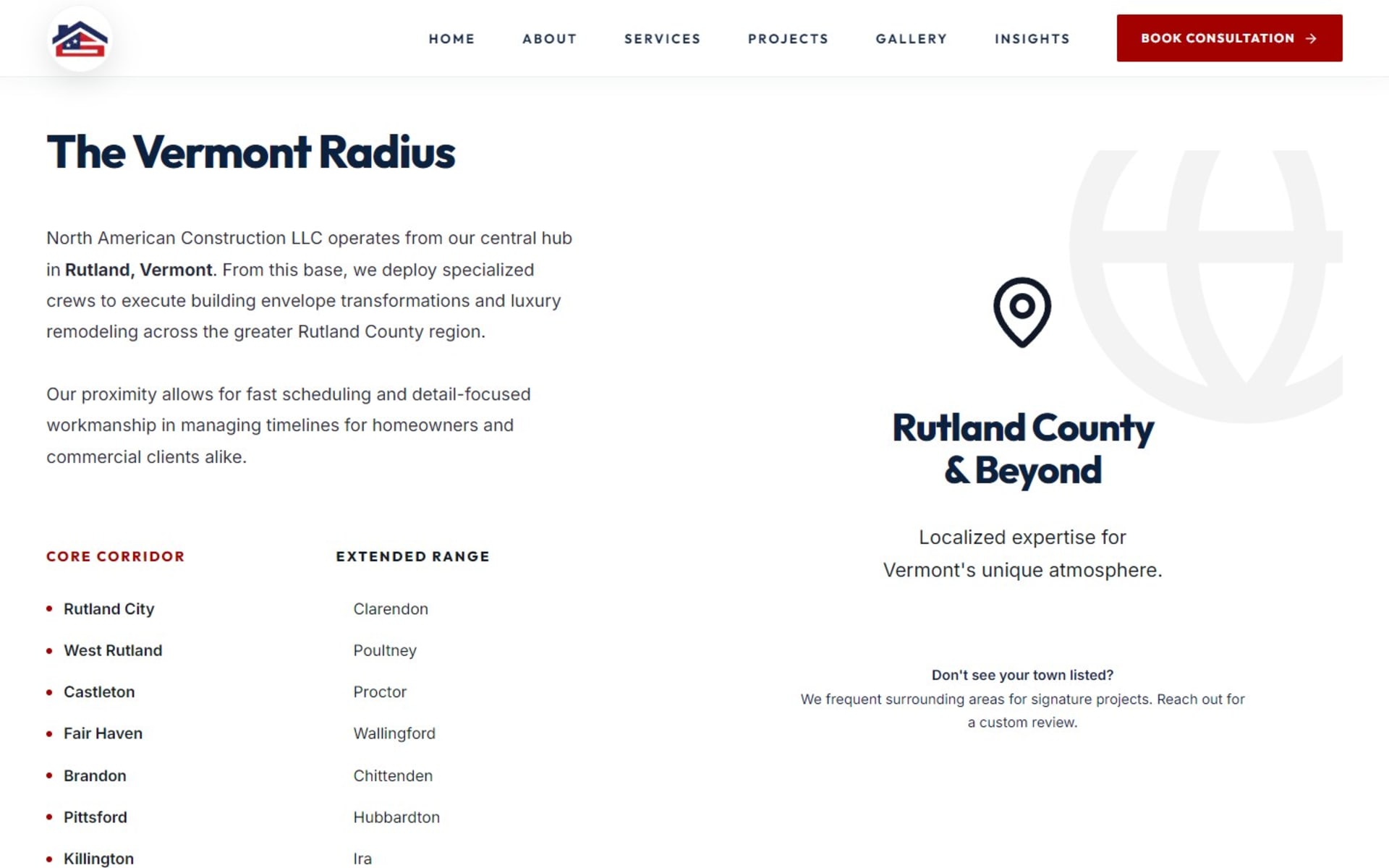 Custom Next.js site for North American Construction, Rutland, Vermont, Service area page: core and extended Rutland County towns