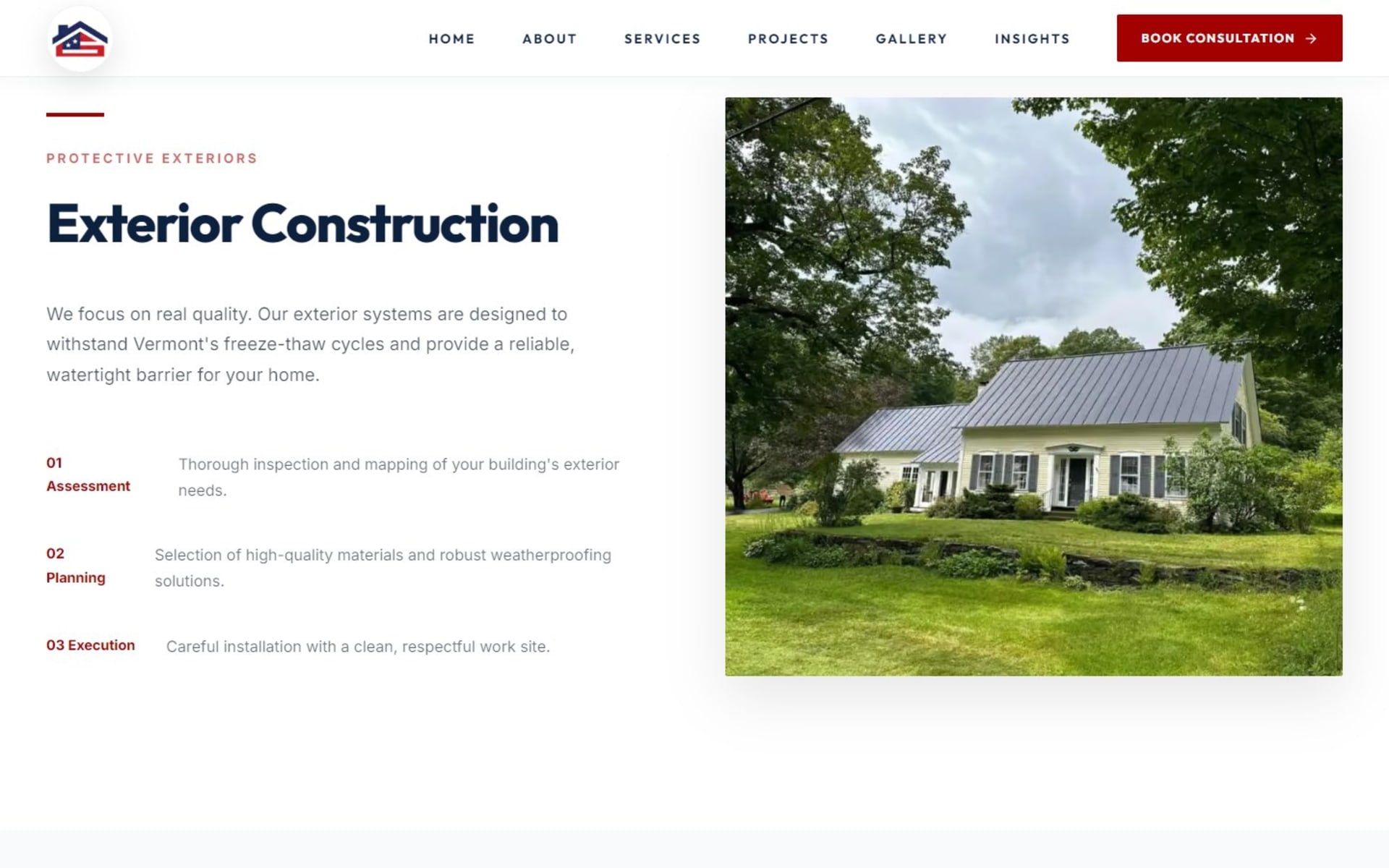 Custom Next.js site for North American Construction, Rutland, Vermont, Services page: exterior construction, with a three-step process beside a project photo