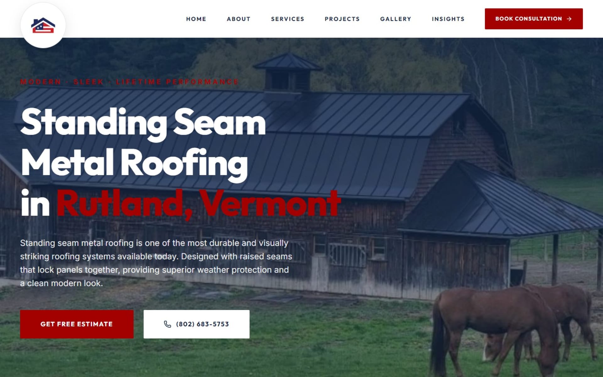 Custom Next.js site for North American Construction, Rutland, Vermont, Service page: standing seam metal roofing in Rutland, with estimate and call buttons
