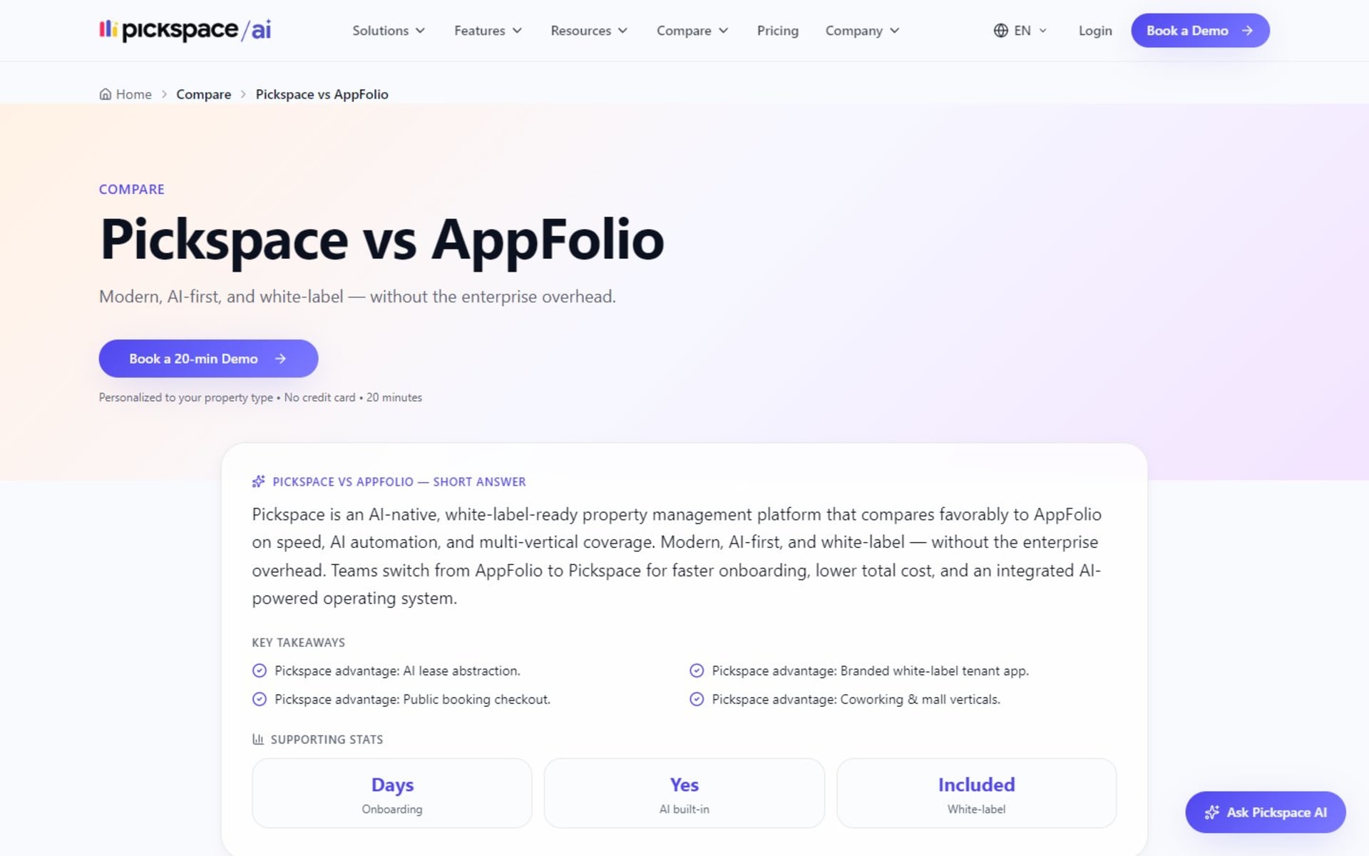 Website for Pickspace, an AI property management platform, in seven languages, Comparison page: Pickspace vs AppFolio