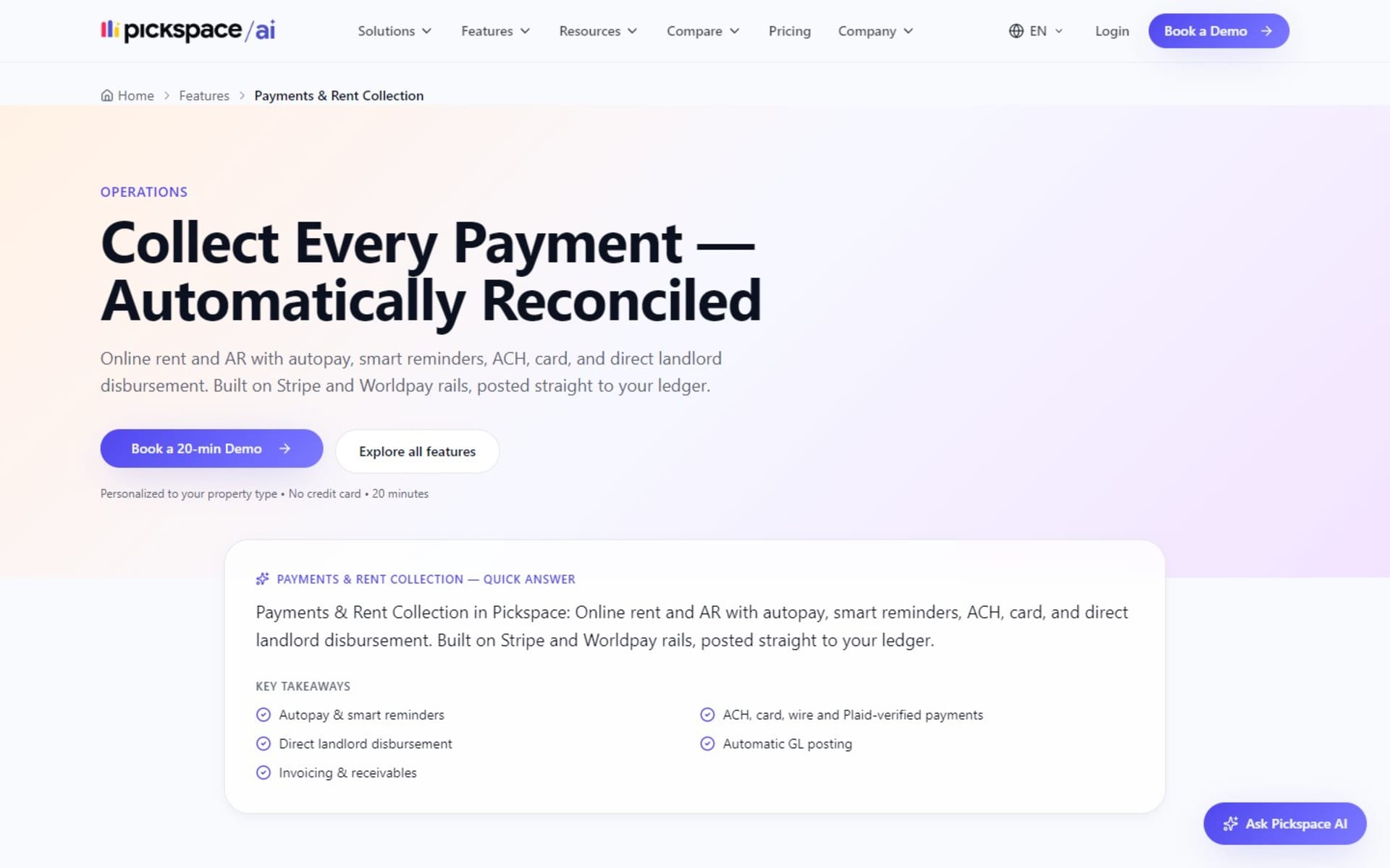 Website for Pickspace, an AI property management platform, in seven languages, Feature page: payments and rent collection, with key takeaways