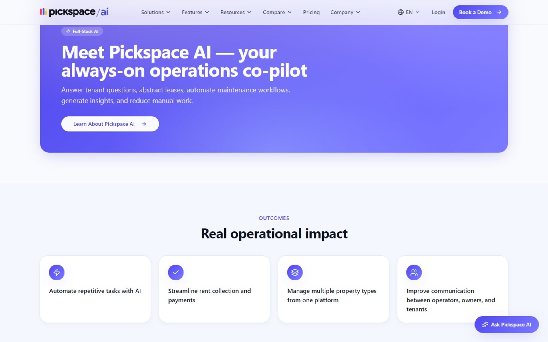 Website for Pickspace, an AI property management platform, in seven languages, The Pickspace AI section and the outcomes row