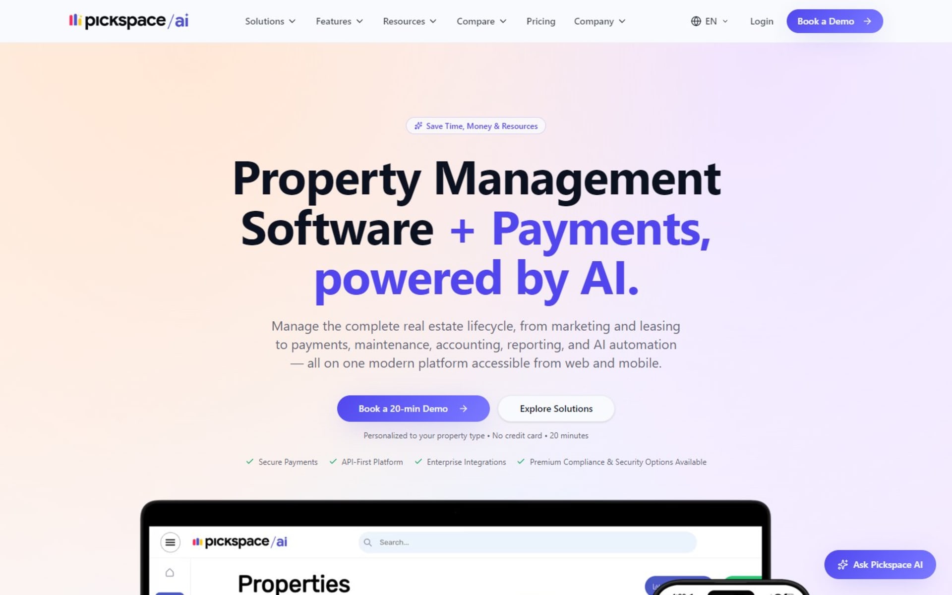 Website for Pickspace, an AI property management platform, in seven languages