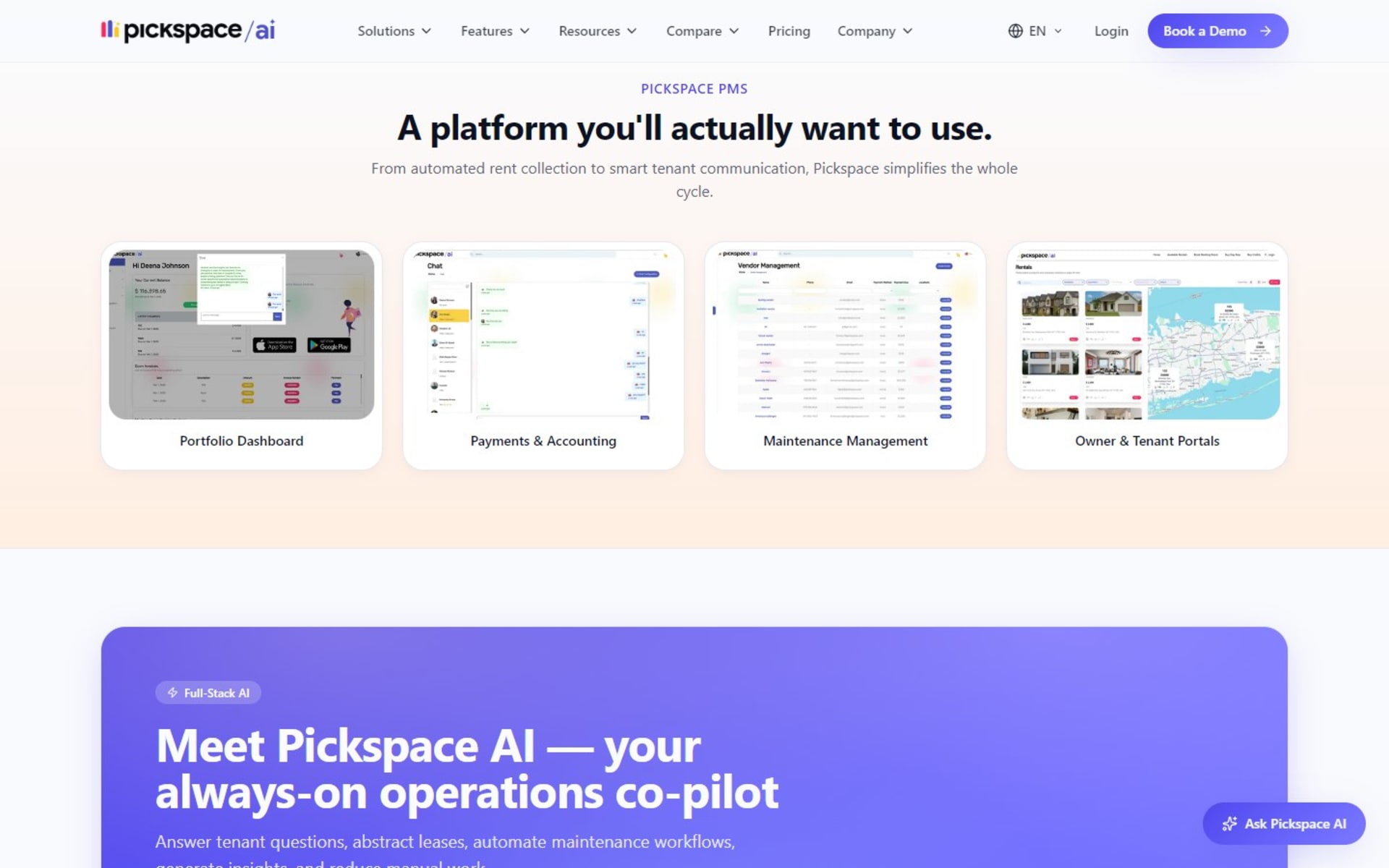 Website for Pickspace, an AI property management platform, in seven languages, Platform overview: dashboard, payments, maintenance and portals