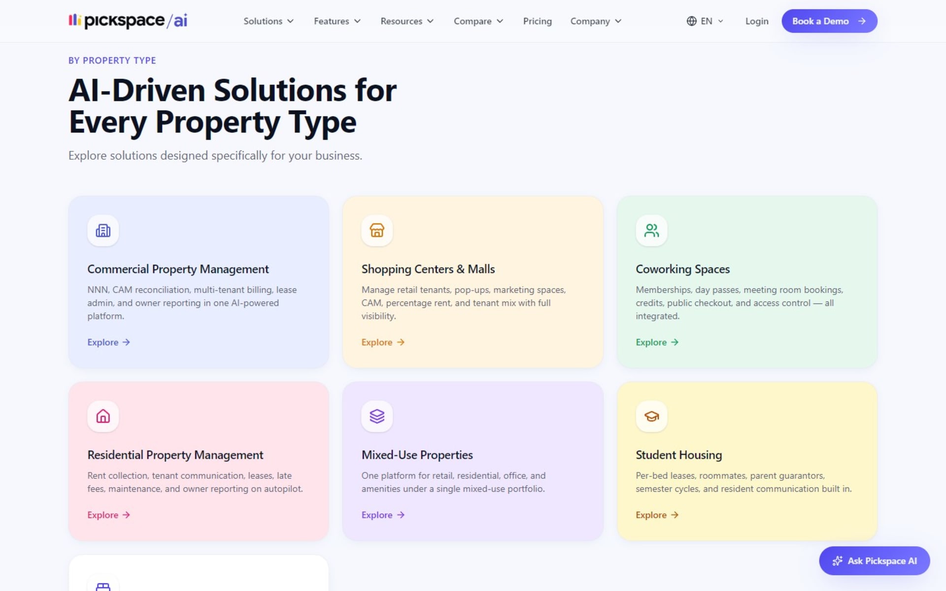 Website for Pickspace, an AI property management platform, in seven languages, Solutions by property type, each on its own color card