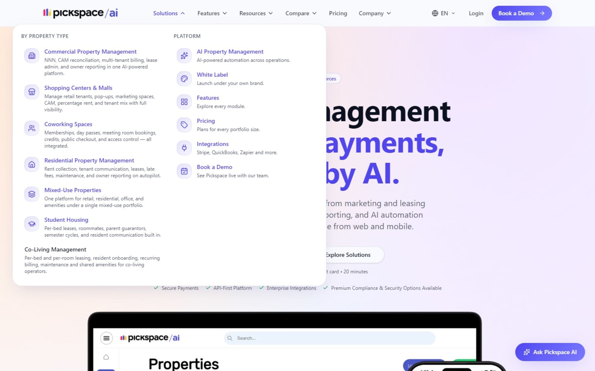Website for Pickspace, an AI property management platform, in seven languages, Solutions mega menu: seven property types and the platform pages