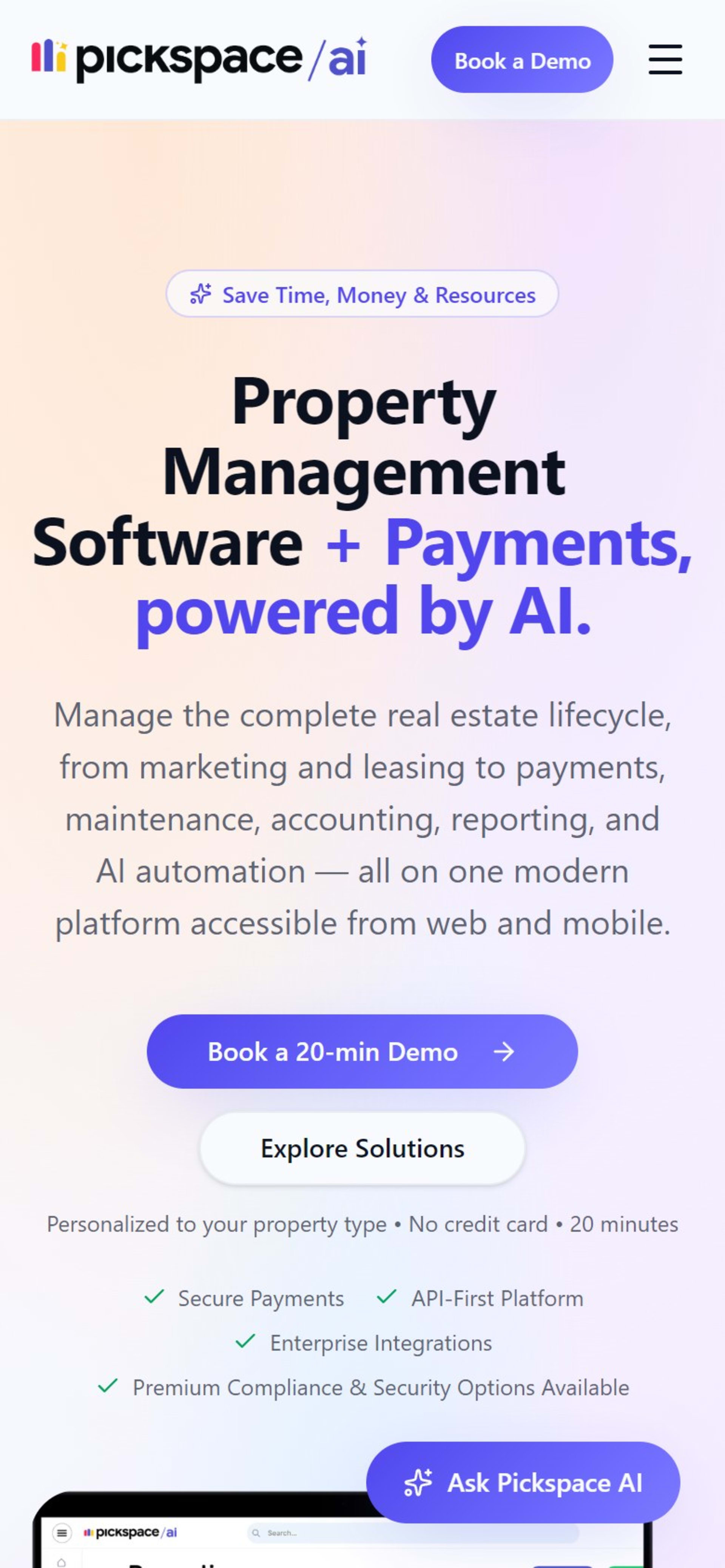 Website for Pickspace, an AI property management platform, in seven languages, On a phone: the same hero, with the Ask Pickspace AI button