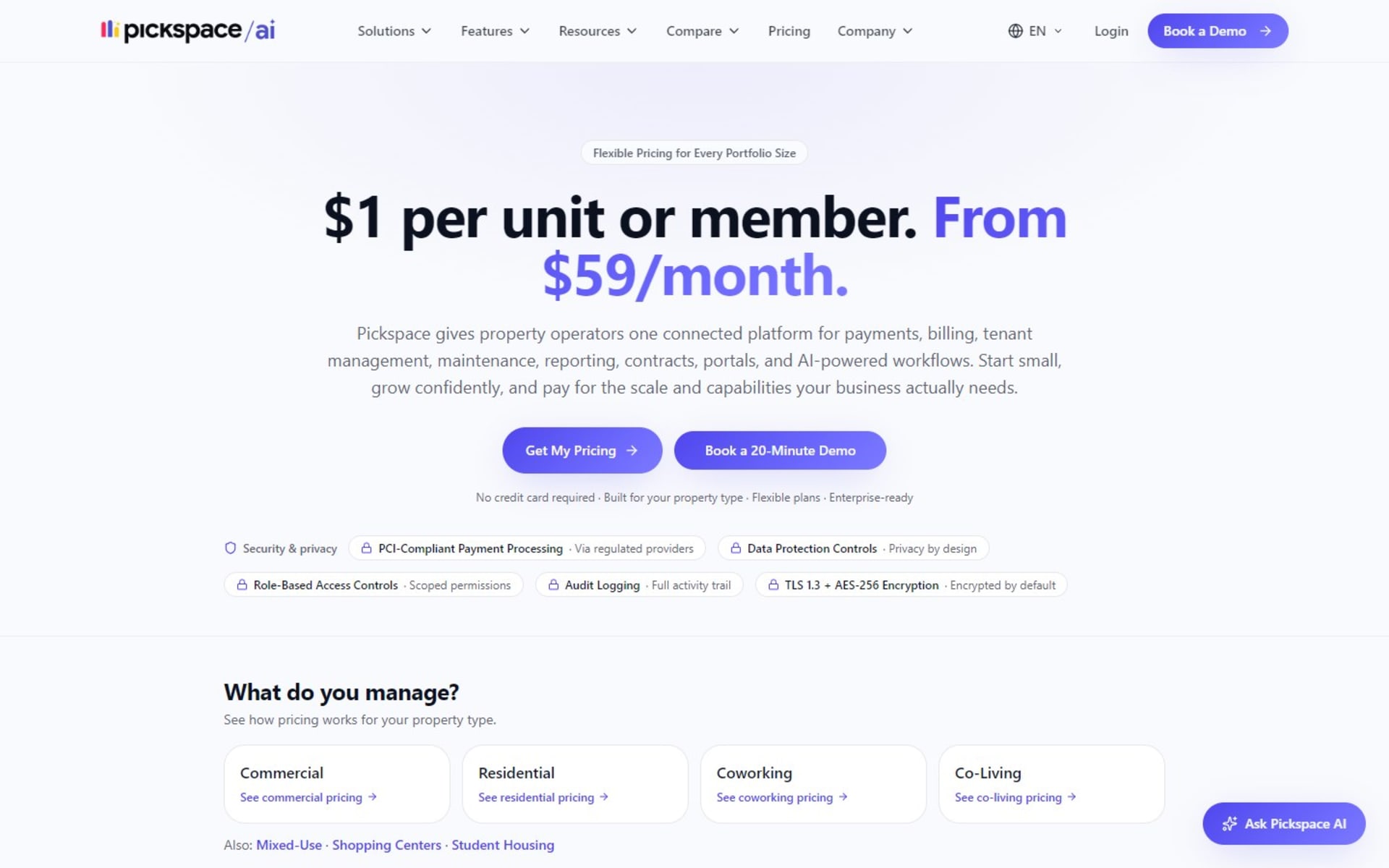 Website for Pickspace, an AI property management platform, in seven languages, Pricing page: per-unit pricing, security notes and pricing by property type