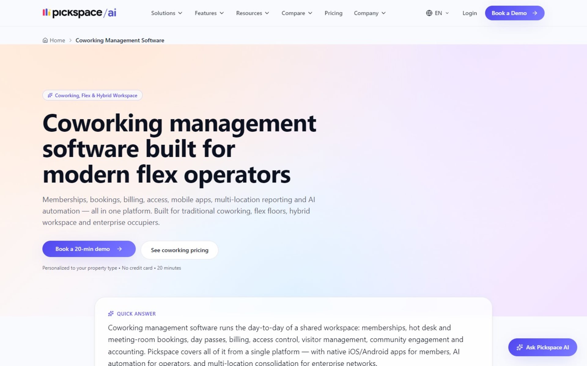 Website for Pickspace, an AI property management platform, in seven languages, Solution page for coworking, with a short answer up front