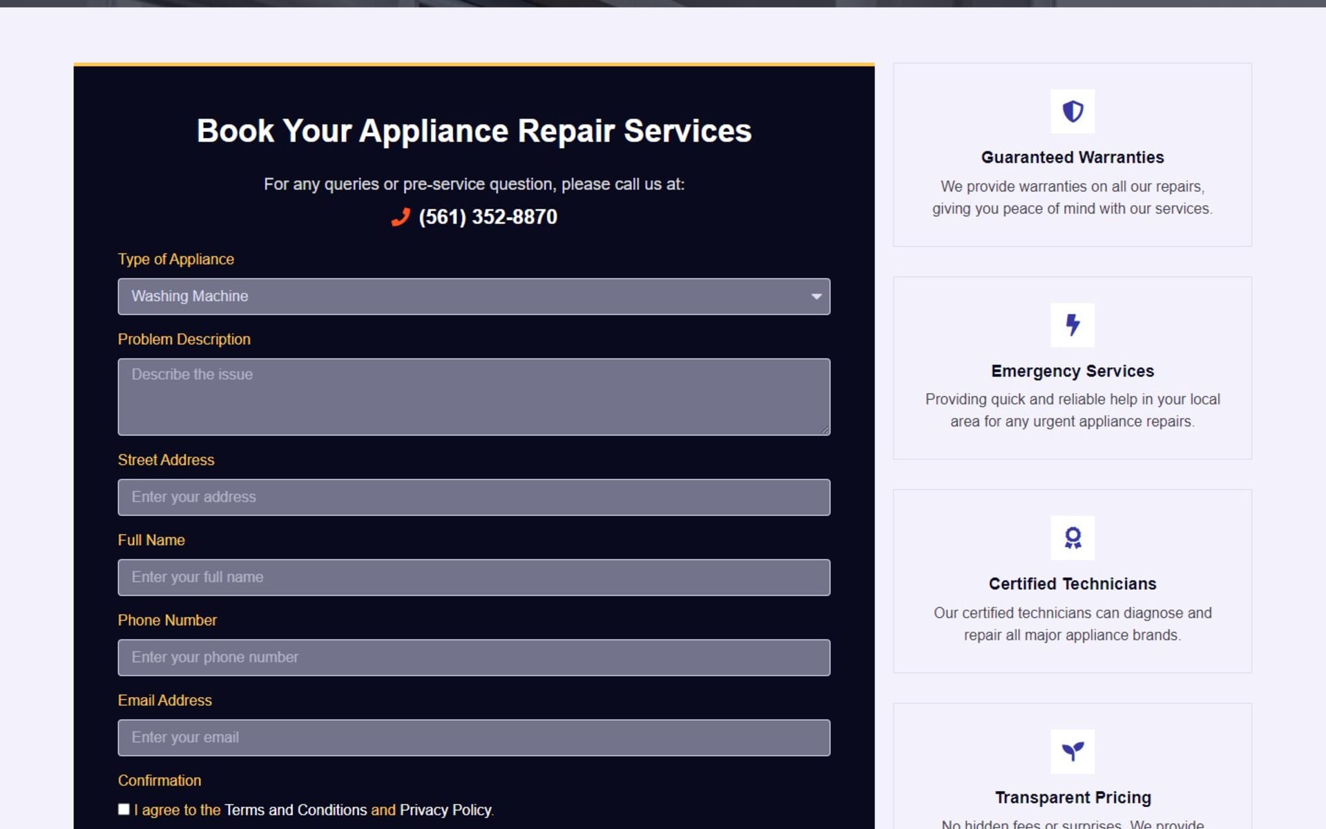 Booking website for Romano’s Appliance Repair in Palm Beach County, FL, Book Service page: appliance drop-down, problem description, address and contact fields